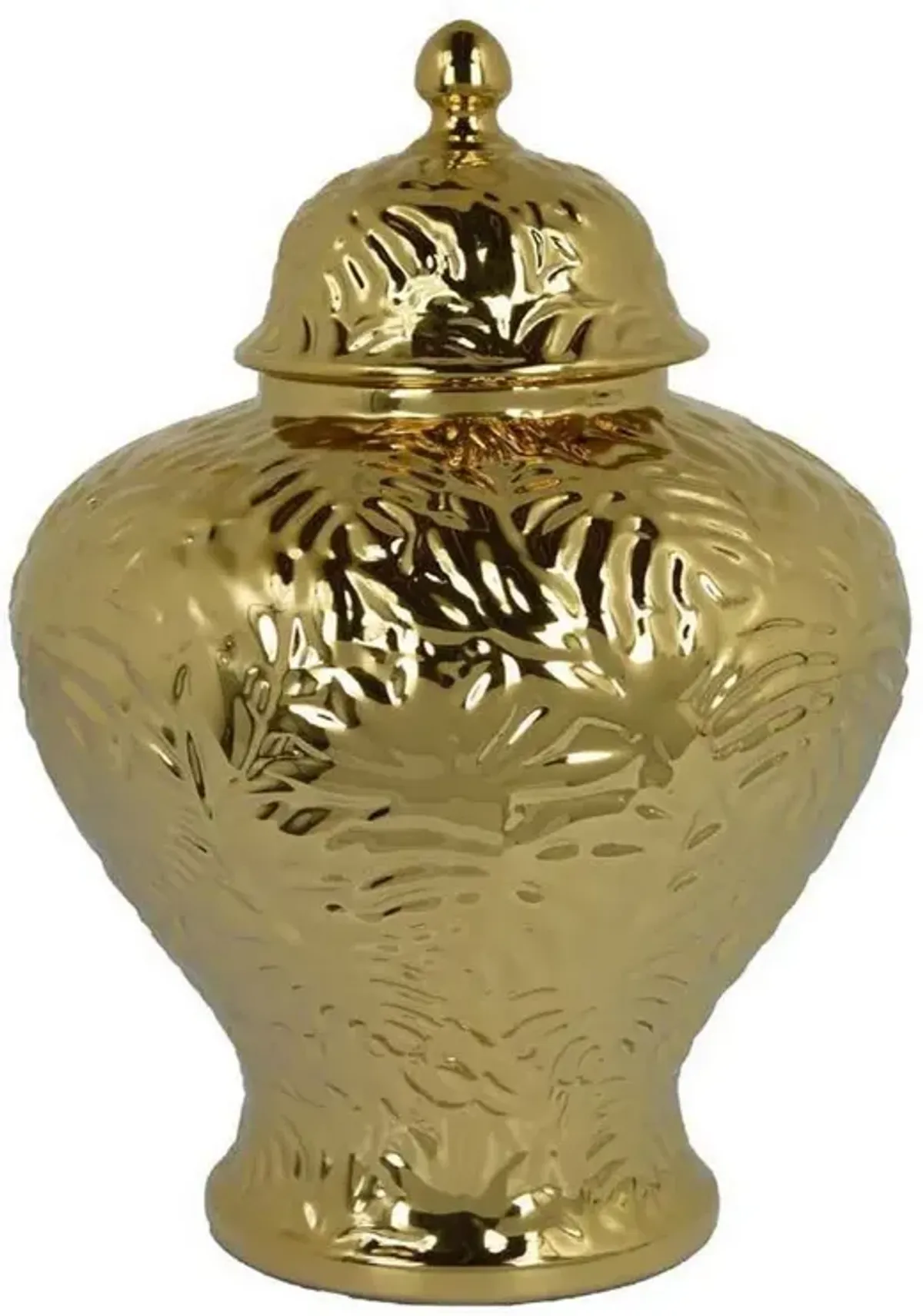 Aniea 18 Inch Accent Temple Jar, Geometric Design, Dome Lid, Gold Ceramic - Benzara