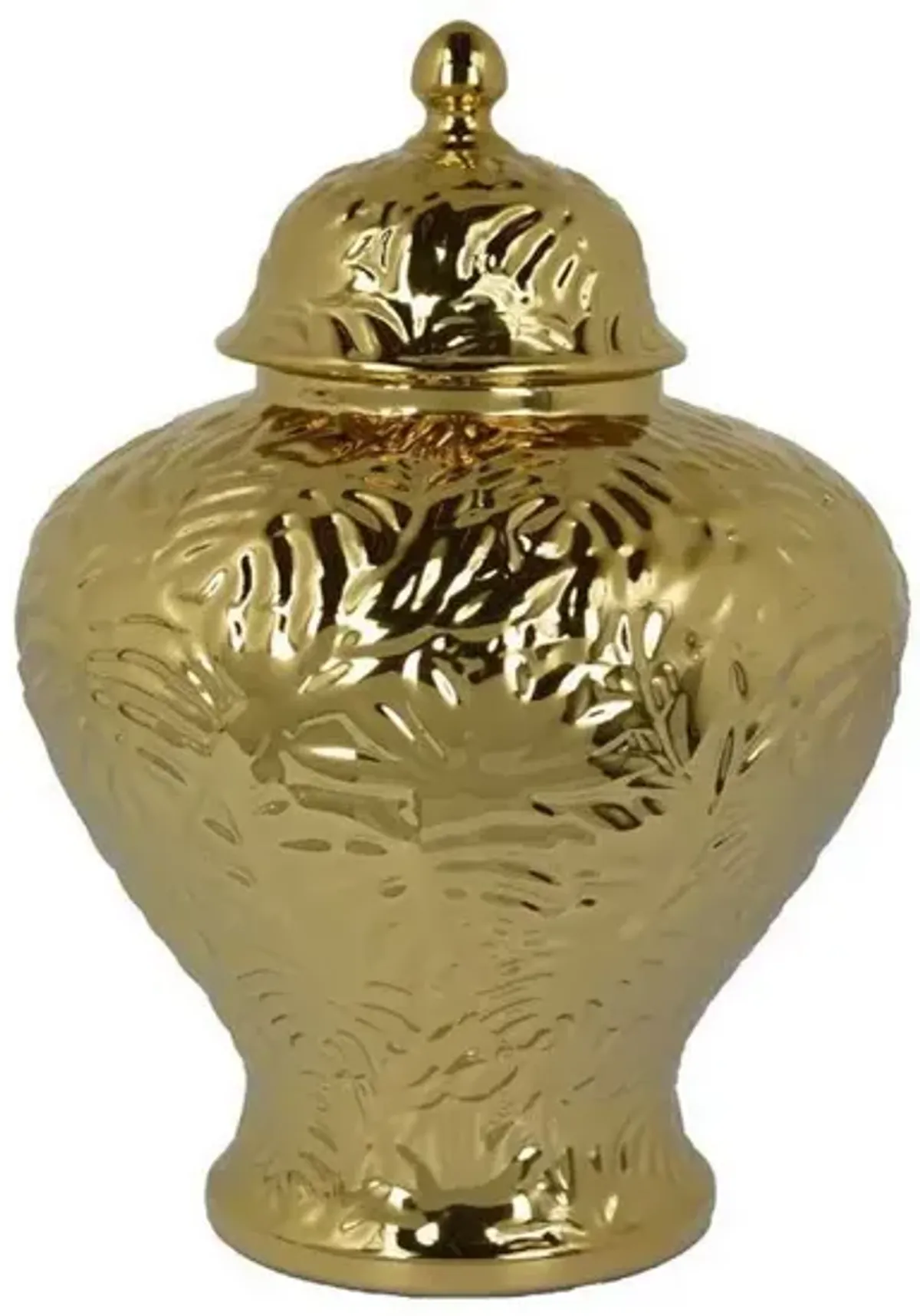 Aniea 18 Inch Accent Temple Jar, Geometric Design, Dome Lid, Gold Ceramic - Benzara