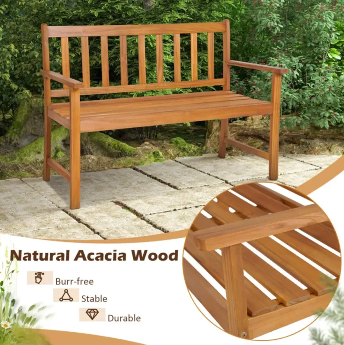 Hivvago 2-Person Outdoor Acacia Wood Bench with Backrest