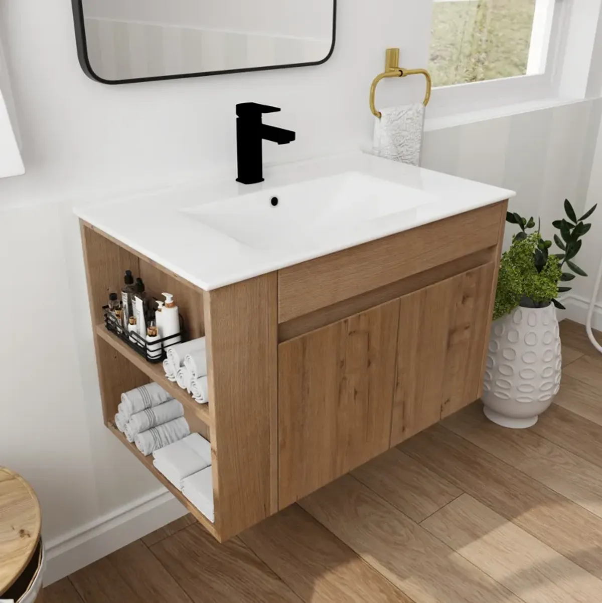 Streamdale 30 Inch Bathroom Vanity With Ceramic Basin And Adjust Open Shelf