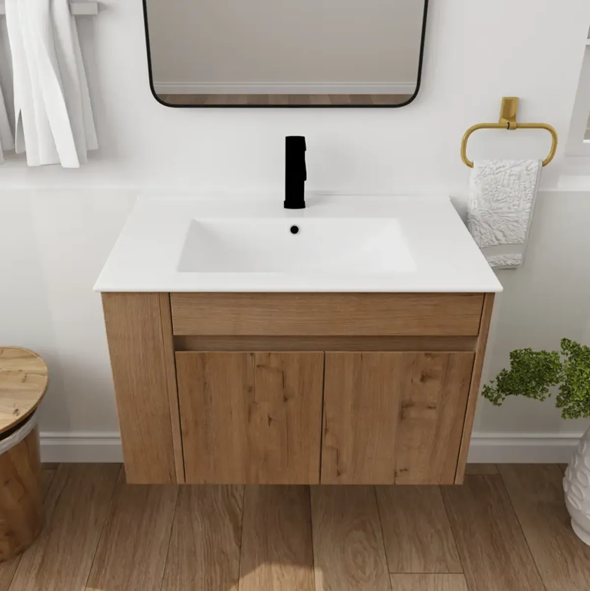 Streamdale 30 Inch Bathroom Vanity With Ceramic Basin And Adjust Open Shelf