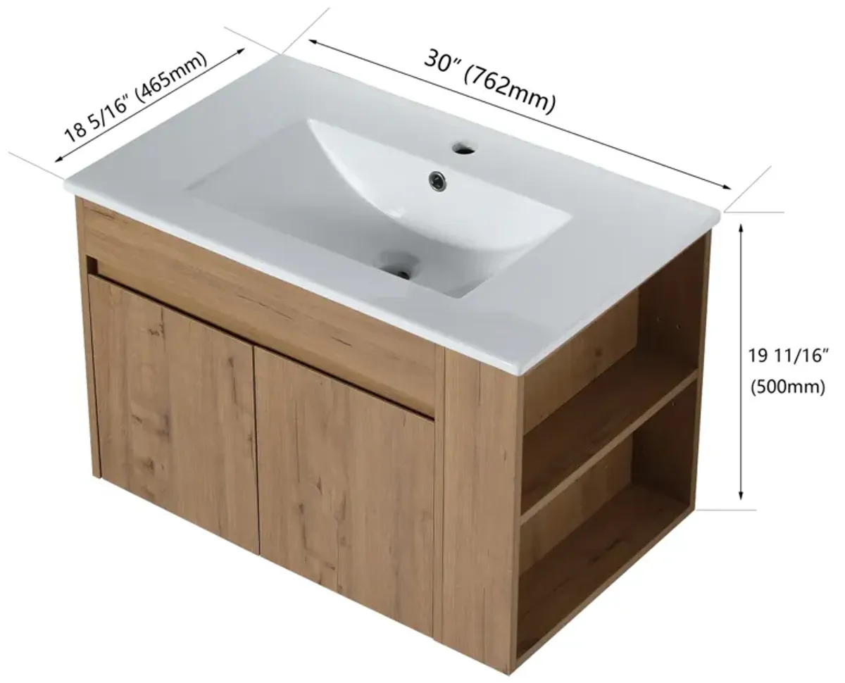 Streamdale 30 Inch Bathroom Vanity With Ceramic Basin And Adjust Open Shelf