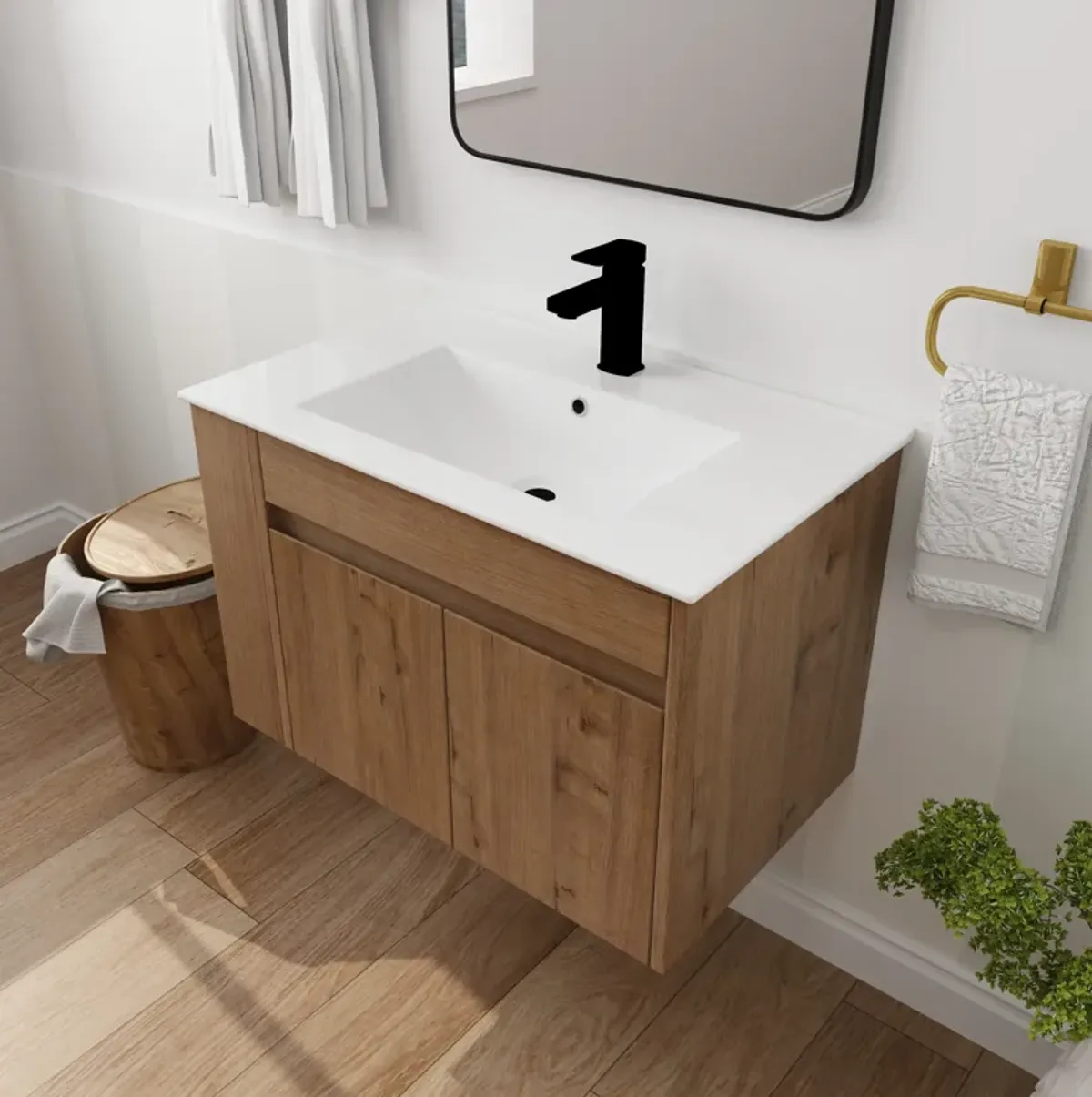 Streamdale 30 Inch Bathroom Vanity With Ceramic Basin And Adjust Open Shelf