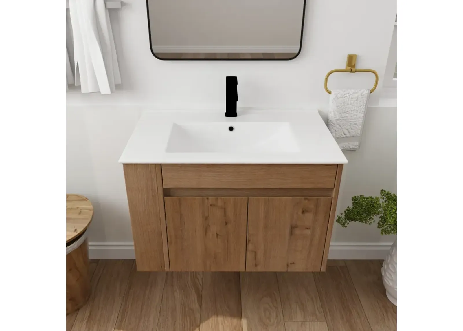 30 Inch Bathroom Vanity With Ceramic Basin And Adjust Open Shelf