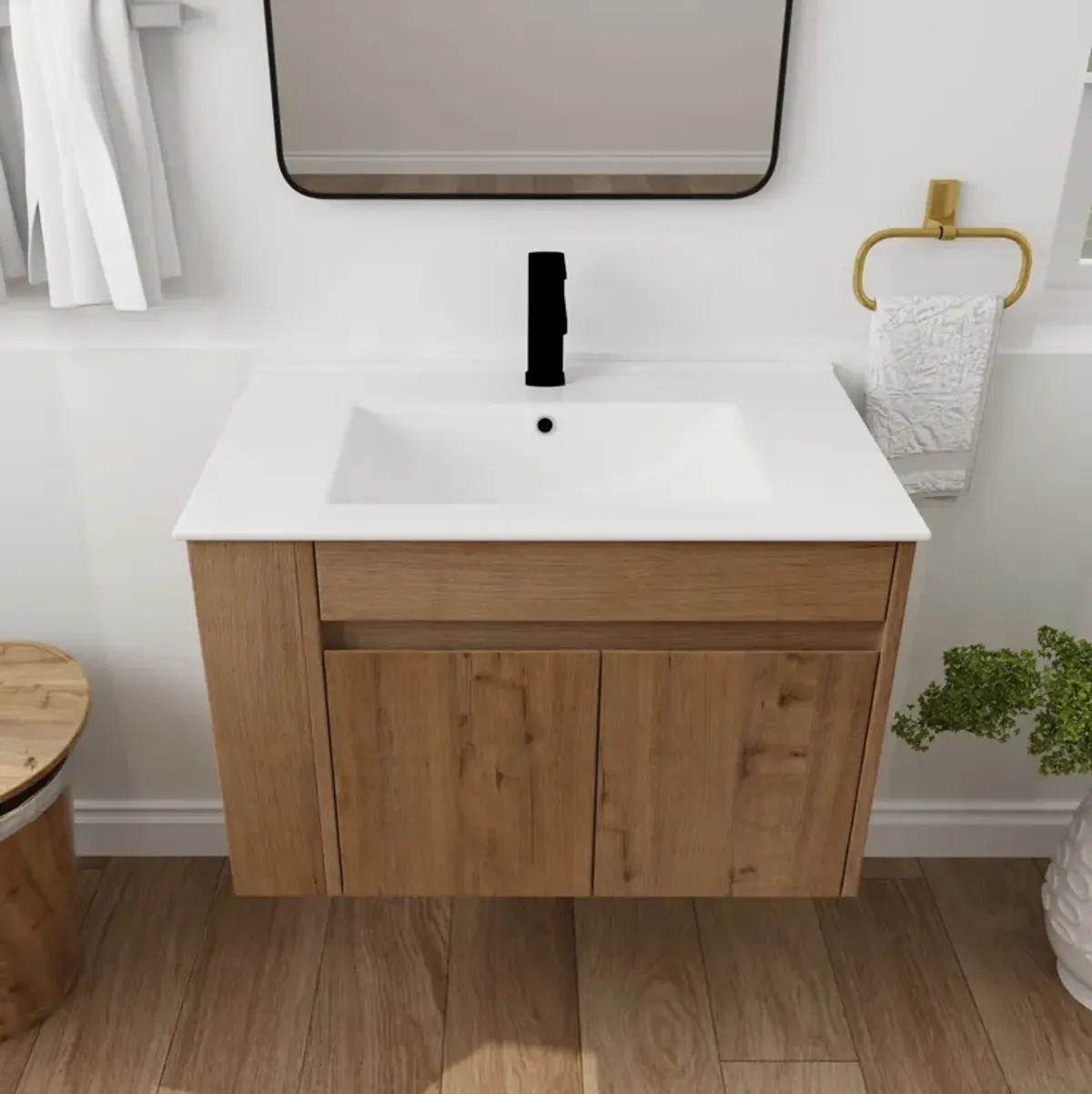 Streamdale 30 Inch Bathroom Vanity With Ceramic Basin And Adjust Open Shelf