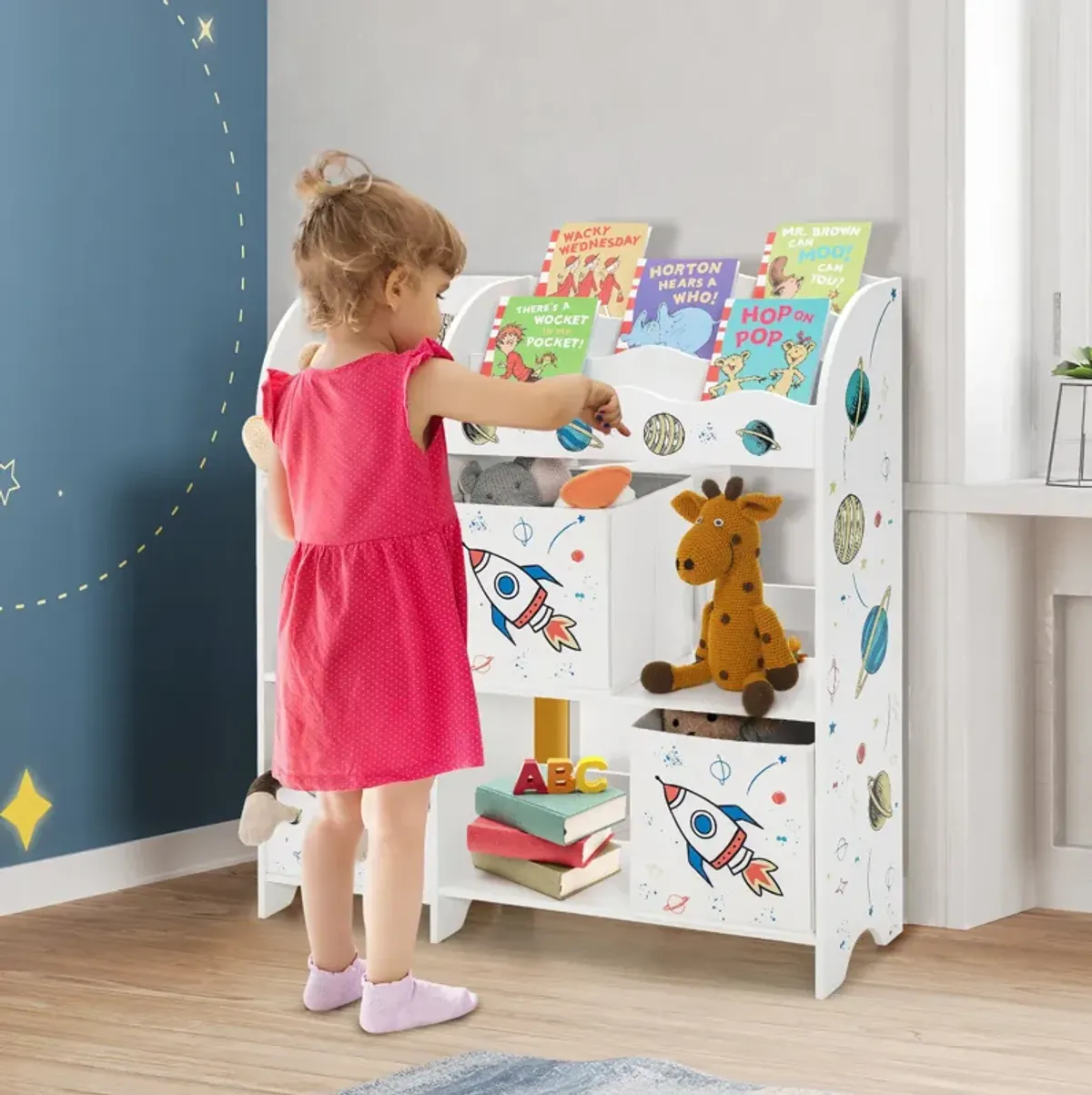 Kids Toy and Book Organizer Children Wooden Storage Cabinet with Storage Bins