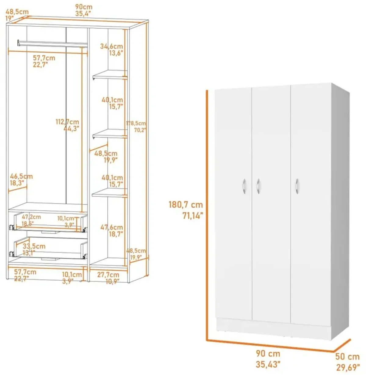 Augusta 3-Door Wardrobe With Hanging Rod White