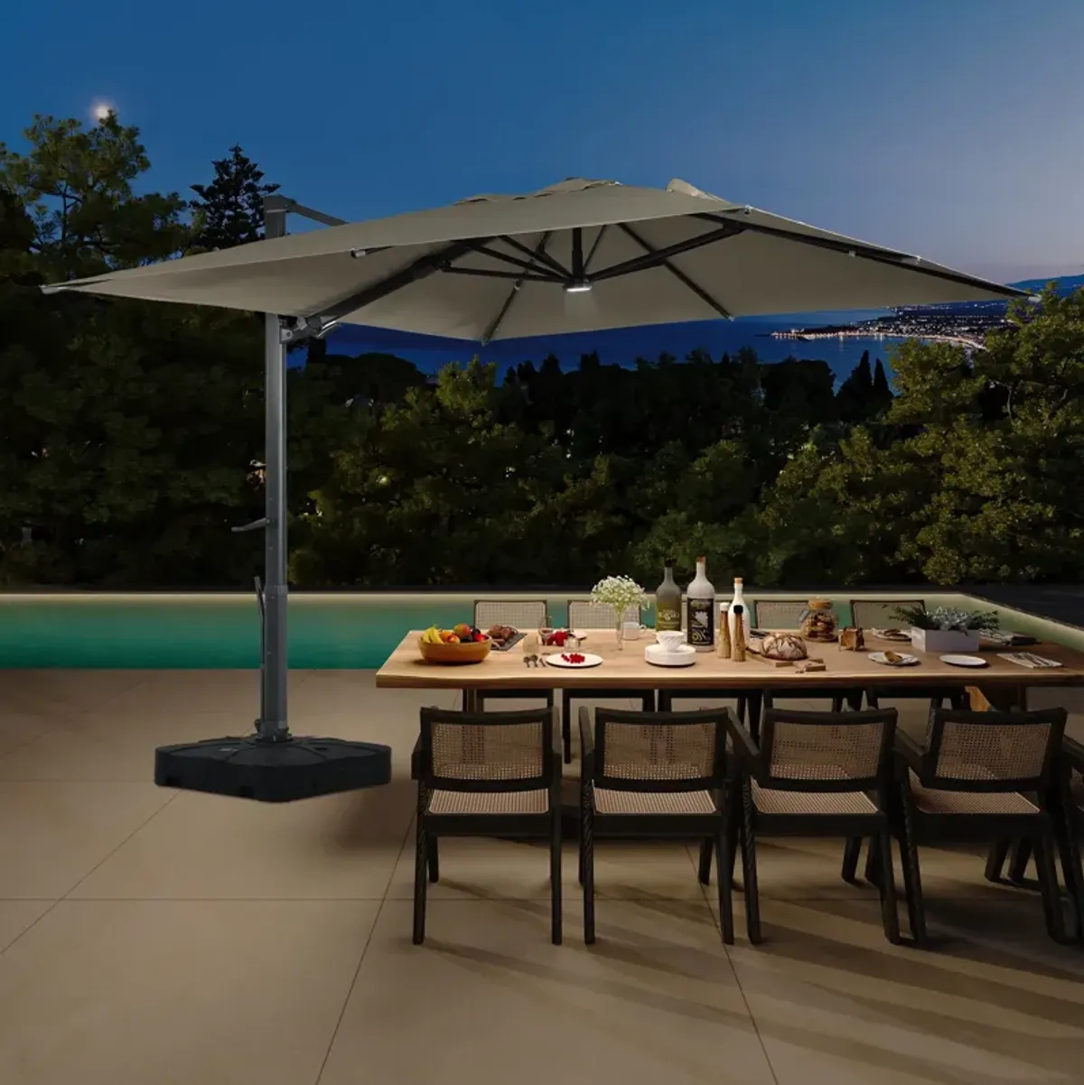 10 ft 360° Rotation Square Cantilever Patio Umbrella with BaseandLED Light in Taupe