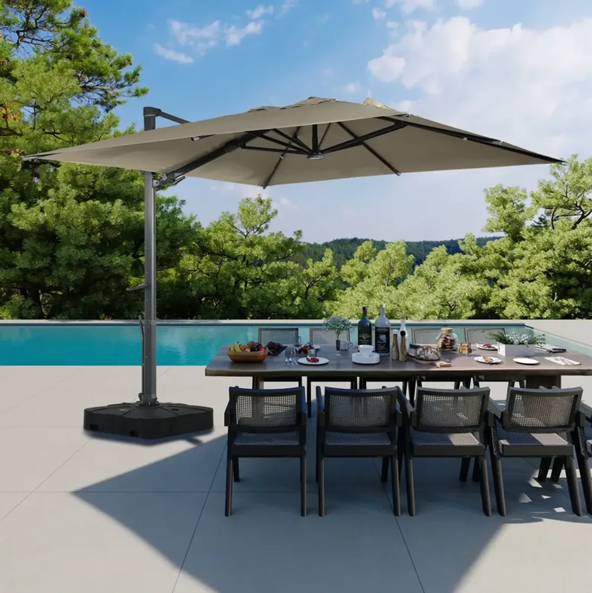 10 ft 360° Rotation Square Cantilever Patio Umbrella with BaseandLED Light in Taupe