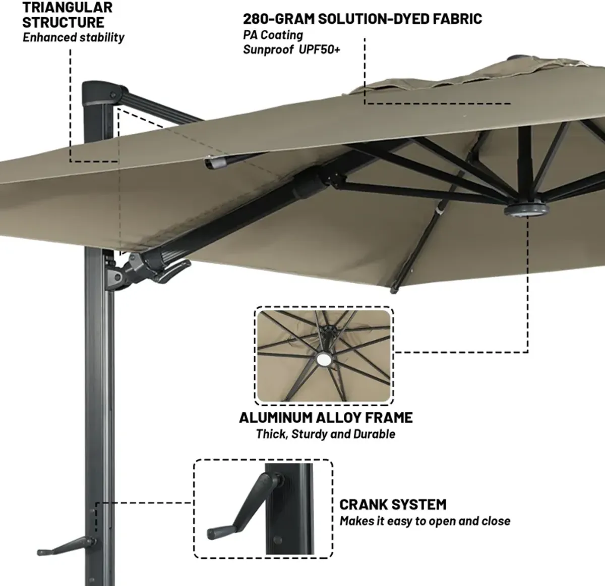 10 ft 360° Rotation Square Cantilever Patio Umbrella with BaseandLED Light in Taupe