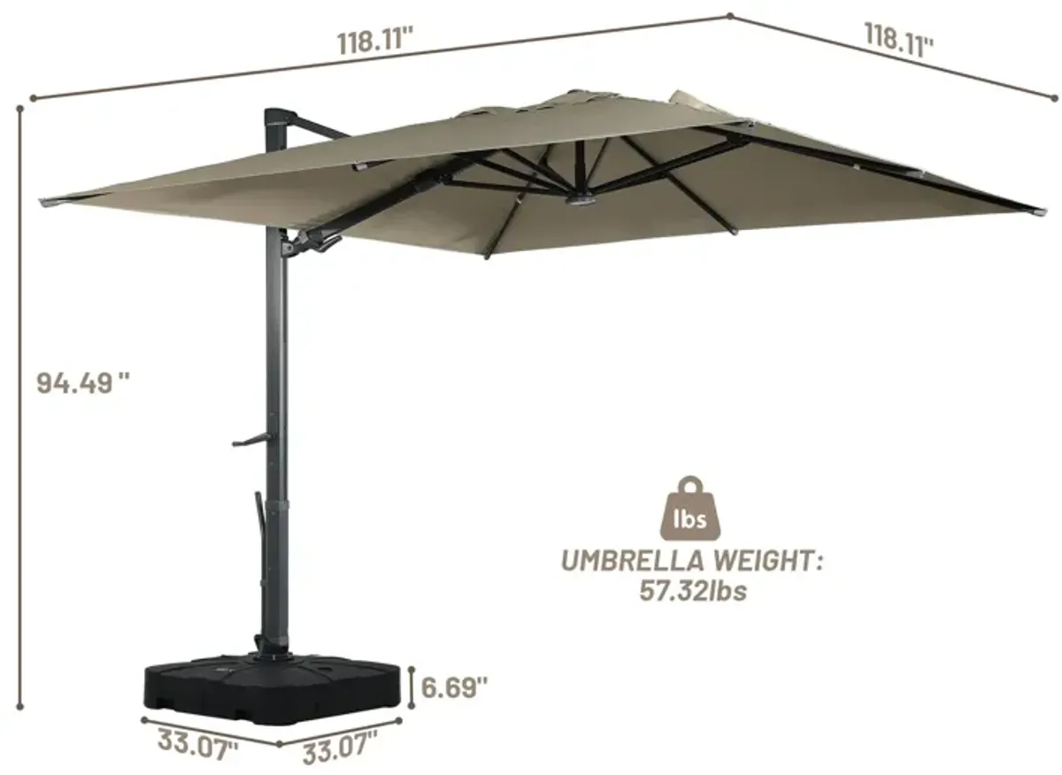 10 ft 360° Rotation Square Cantilever Patio Umbrella with BaseandLED Light in Taupe