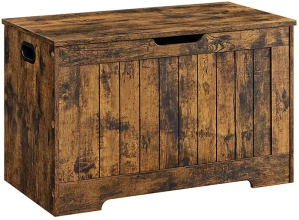 30 Inch Storage Trunk Bench with 2 Safety Hinges, Farmhouse Rustic Brown - Benzara