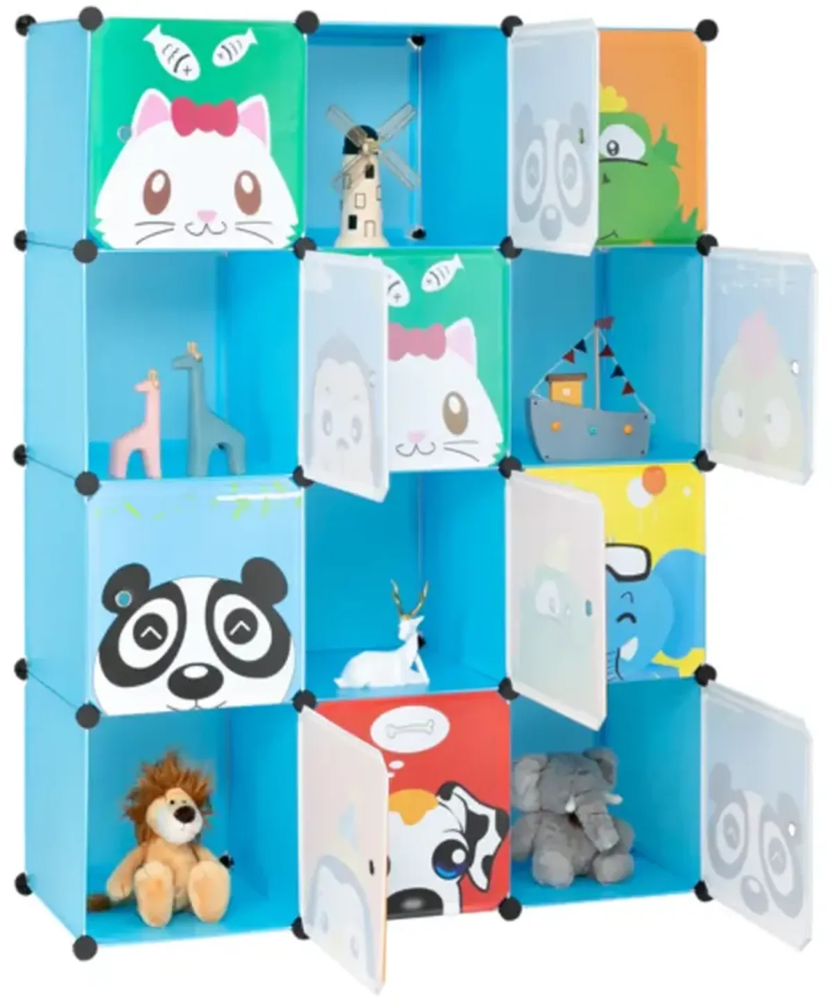 12-Cube Magic Wardrobe with 2 Hanging Rods, Plastic & Steel Wire Storage Cabinet with Animal Print Doors