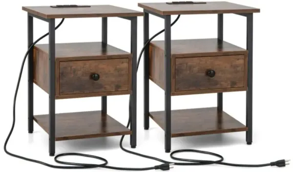 Hivvago 3-Tier Nightstand with Charging Station and Drawer-Set of 2