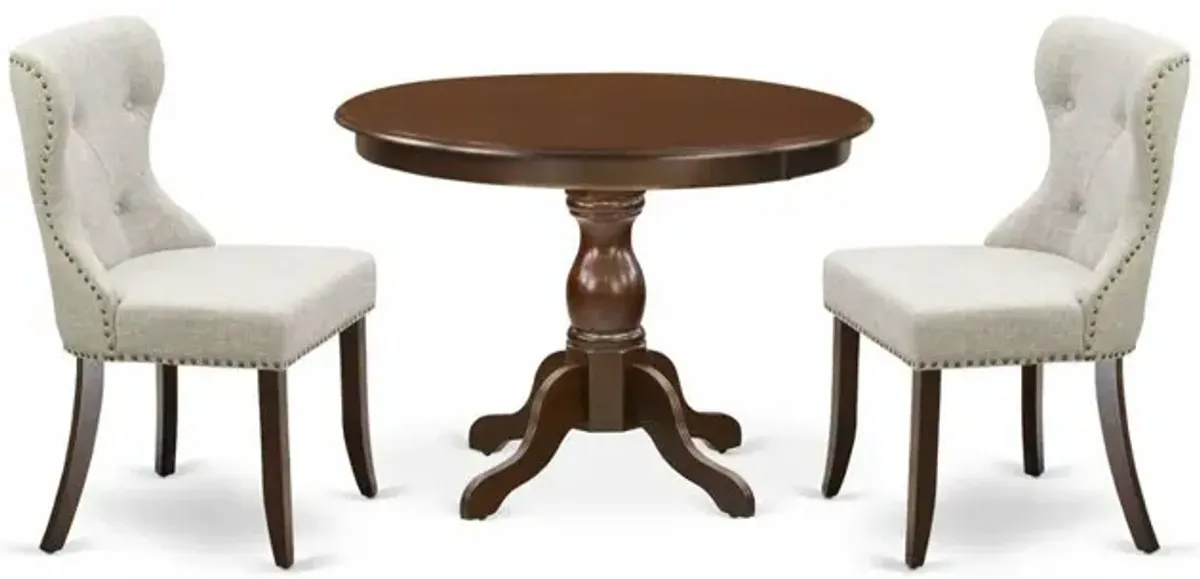 East West Furniture HBSI3-MAH-35 3 Piece Table Set - Mahogany Wood Table and 2 Doeskin Linen Fabric Kitchen Chairs Button Tufted Back with Nail Heads - Mahogany Finish