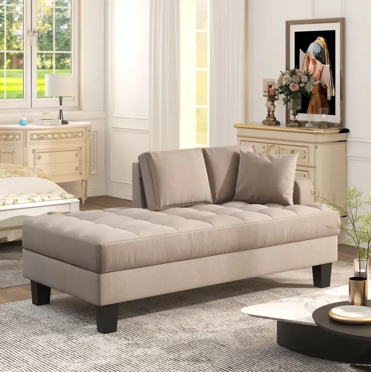 MONDAWE 64" Deep Tufted Upholstered Textured Fabric Chaise Lounge,Toss Pillow included,Living room Bedroom Use