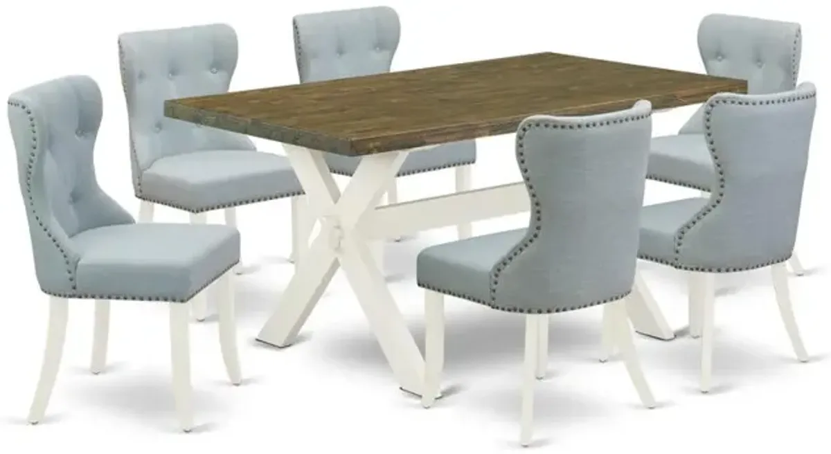 East West Furniture X076SI215-7 7-Pc Dinette Set- 6 Parson Chairs with Baby Blue Linen Fabric Seat and Button Tufted Chair Back - Rectangular Table Top & Wooden Cross Legs - Distressed Jacobean and Li
