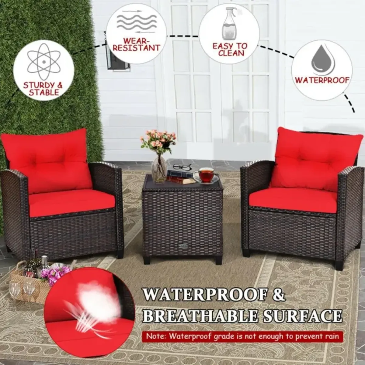 Hivvago 3 Pieces Rattan Patio Furniture Set with Washable Cushion