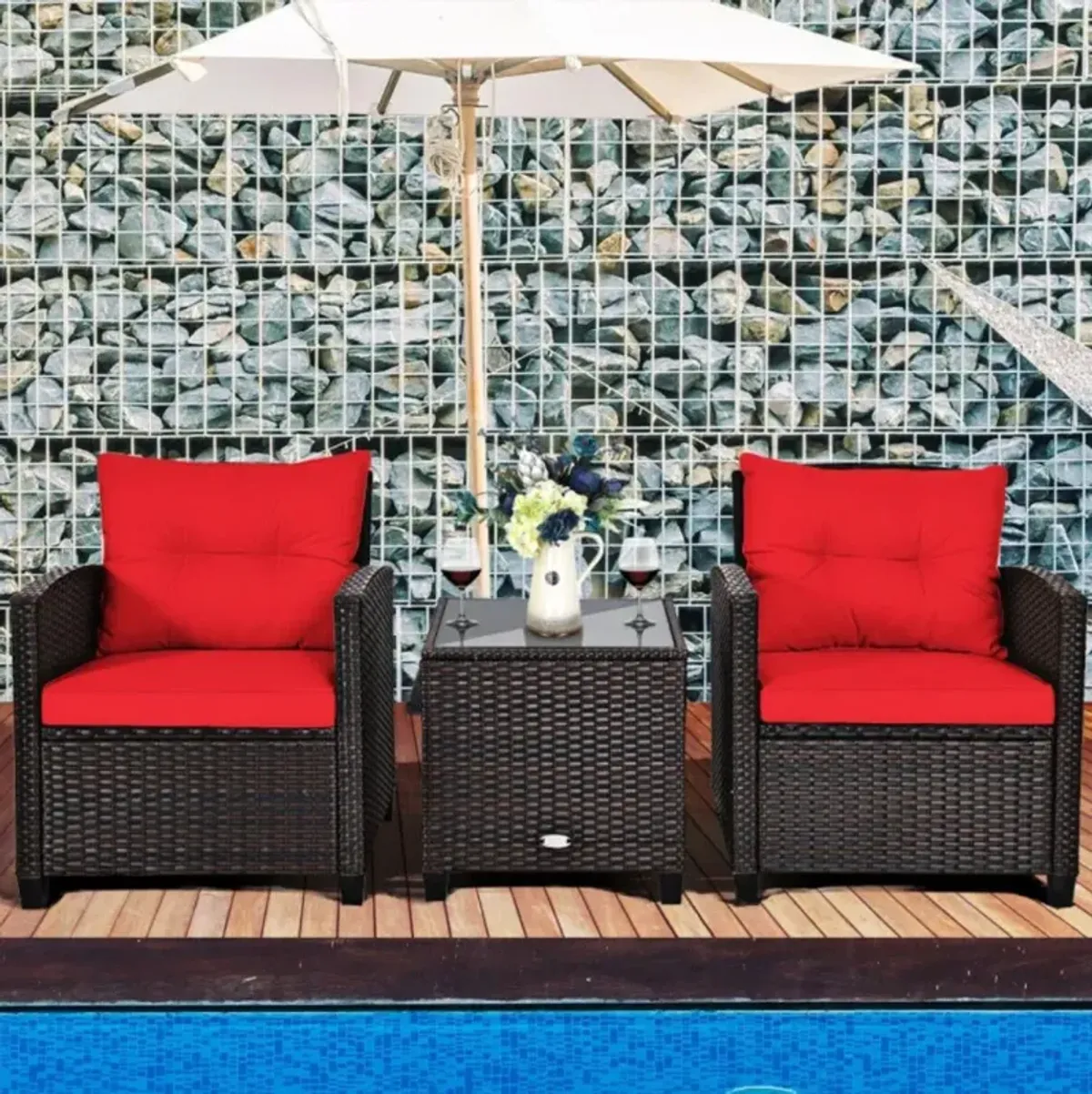 Hivvago 3 Pieces Rattan Patio Furniture Set with Washable Cushion