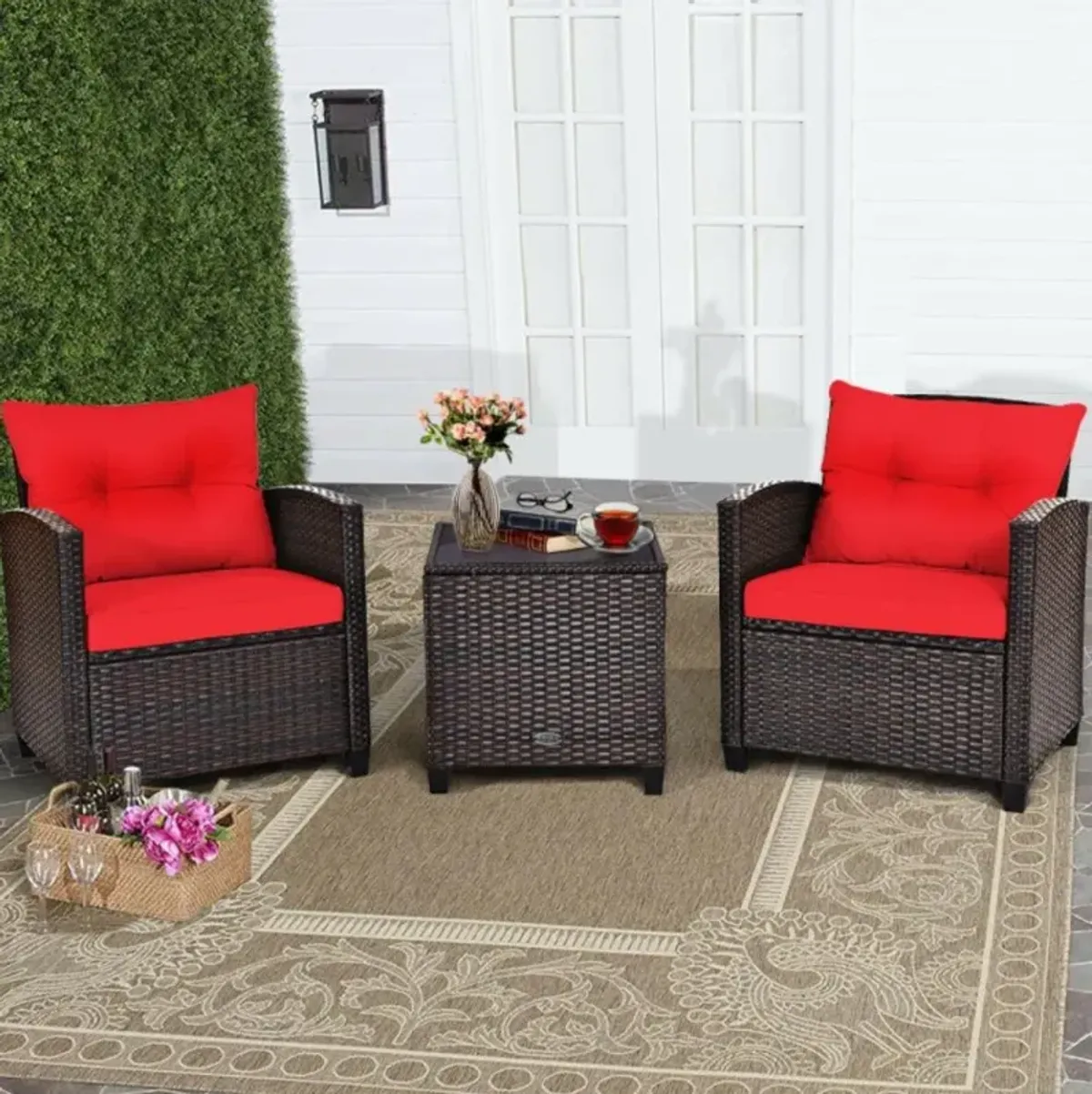 Hivvago 3 Pieces Rattan Patio Furniture Set with Washable Cushion