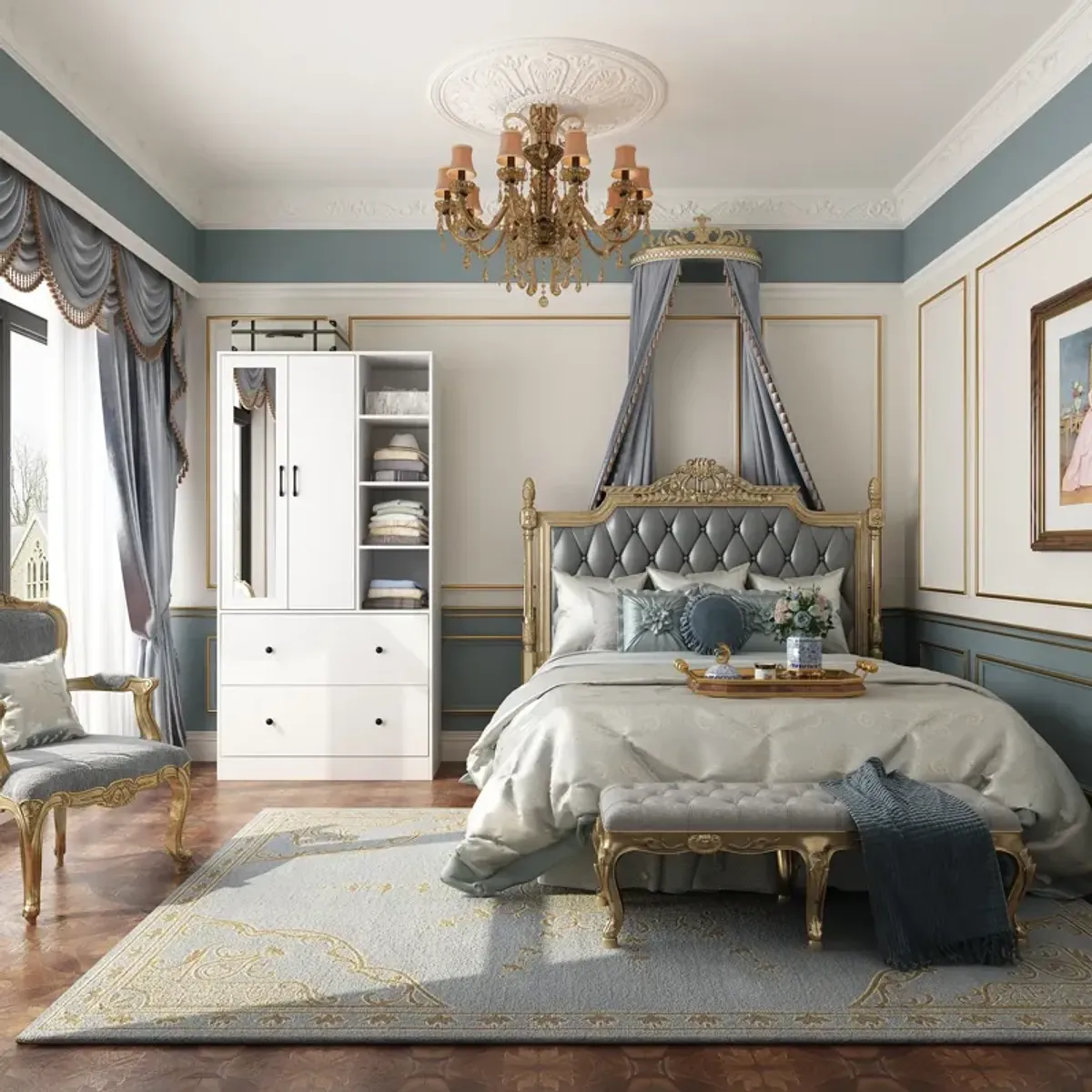 White Wood 35.5 in. W Armoires Wardrobe With Mirror, Pulling Hanging Rod, Drawers, Shelves 15.8 in. D x 70.8 in. H