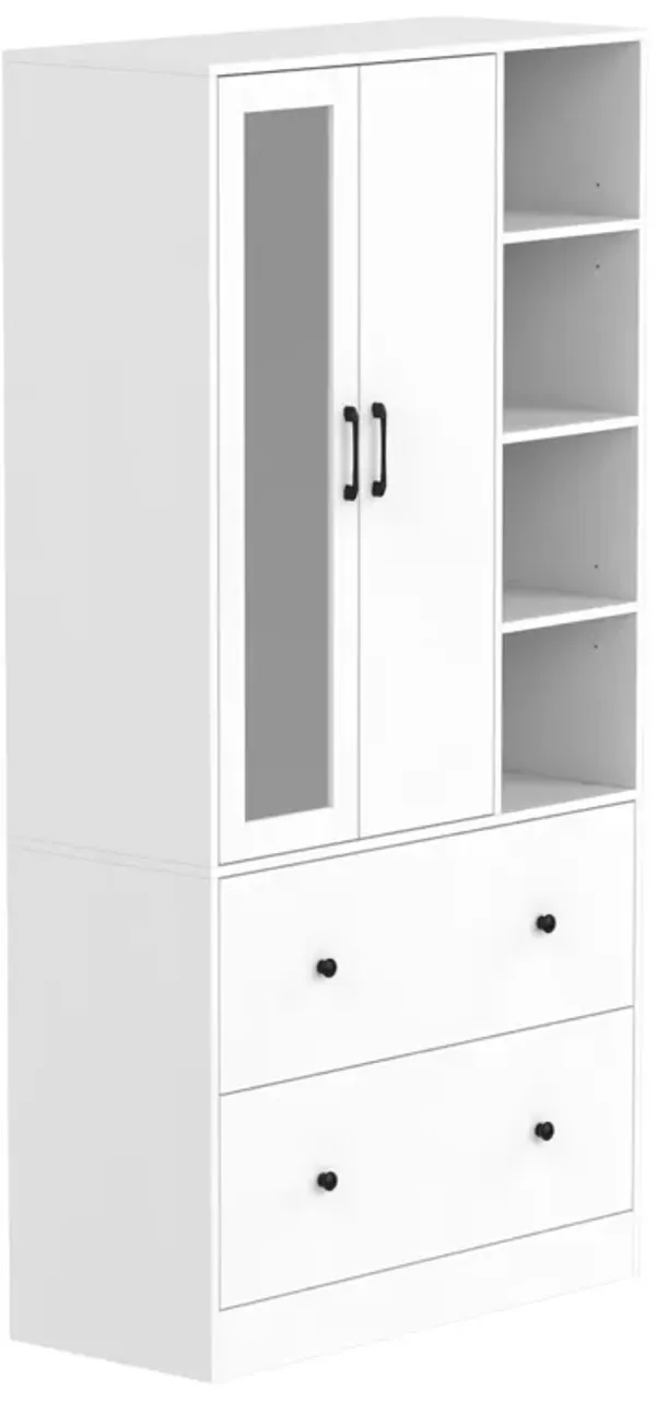 White Wood 35.5 in. W Armoires Wardrobe With Mirror, Pulling Hanging Rod, Drawers, Shelves 15.8 in. D x 70.8 in. H