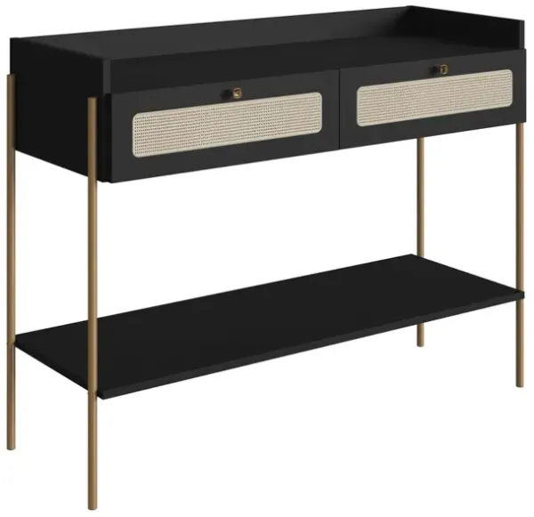 Boho Console Entry Table Iron Gold Legs and Rattan 2-Drawer -Nero Black