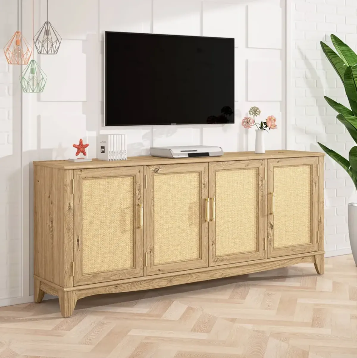 FESTIVO 71 in. Natural Wood TV Stand for TVs up to 80 in. with Storage