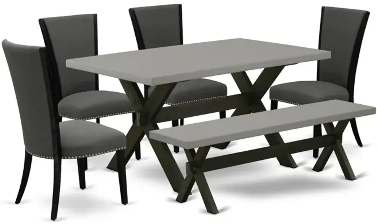 East West Furniture X696VE650-6 6 Piece Mid Century Dining Set - 4 Dark Gotham Grey Linen Fabric Comfortable Chair with Nailheads and Cement Kitchen Table - 1 Dining Room Bench - Black Finish
