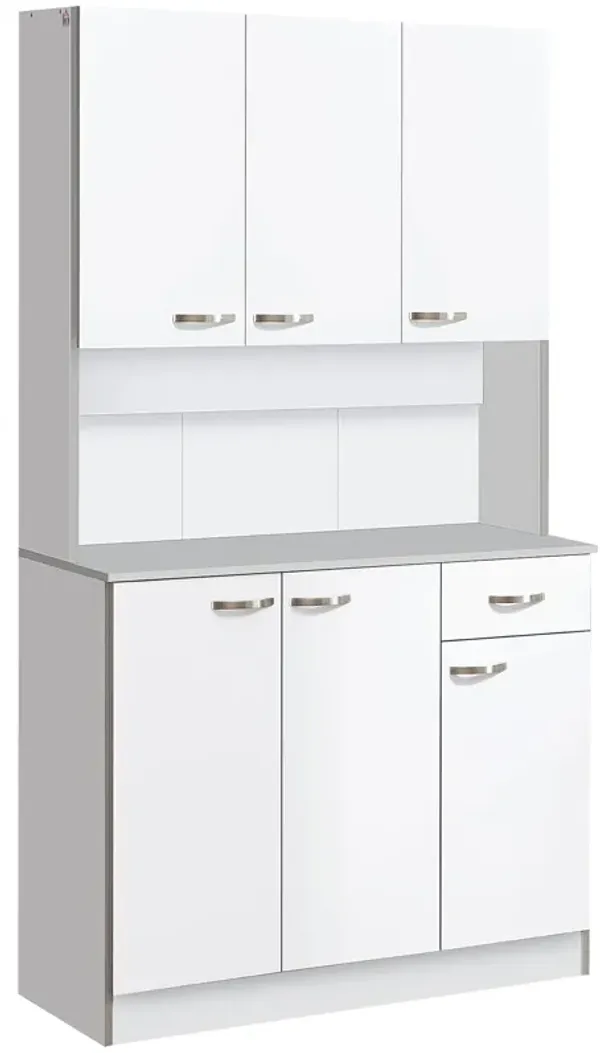 Expansive Kitchen Storage: 71" White Buffet with Hutch, 6 Doors & Drawer