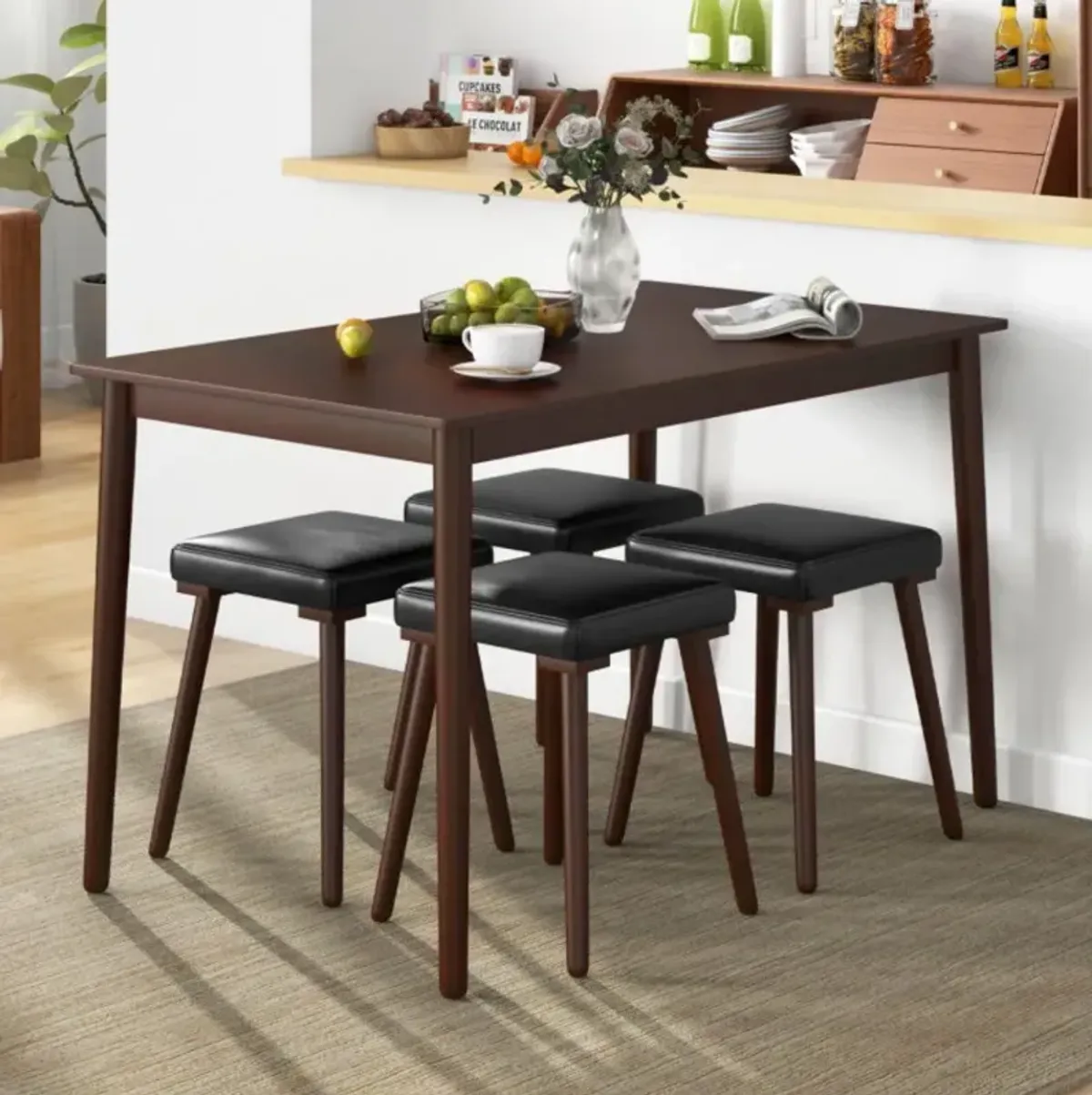 Hivvago 5 Piece Dining Table Set for 4 with 4 Upholstered Stools and Rubber Wood Legs