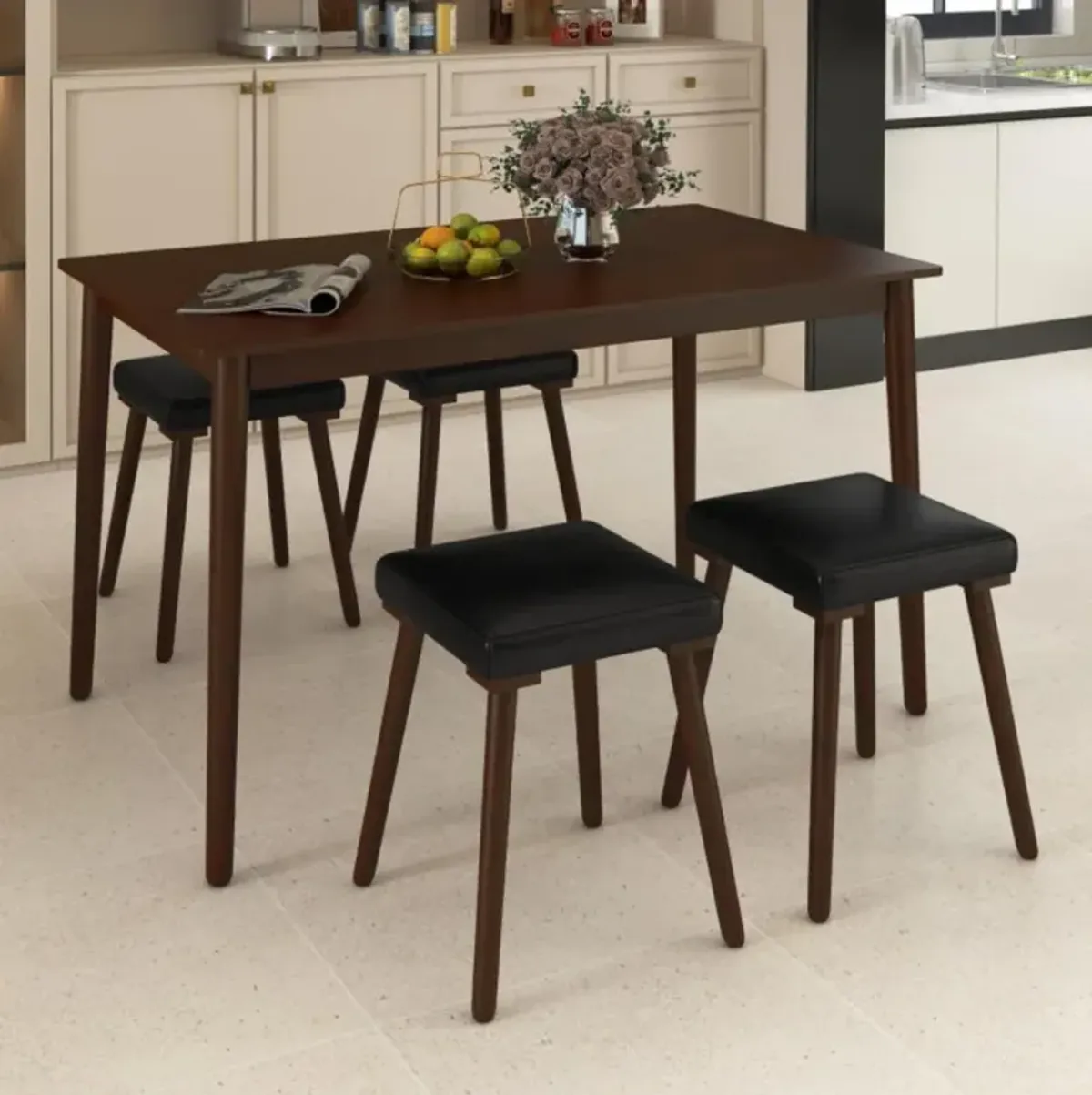 Hivvago 5 Piece Dining Table Set for 4 with 4 Upholstered Stools and Rubber Wood Legs