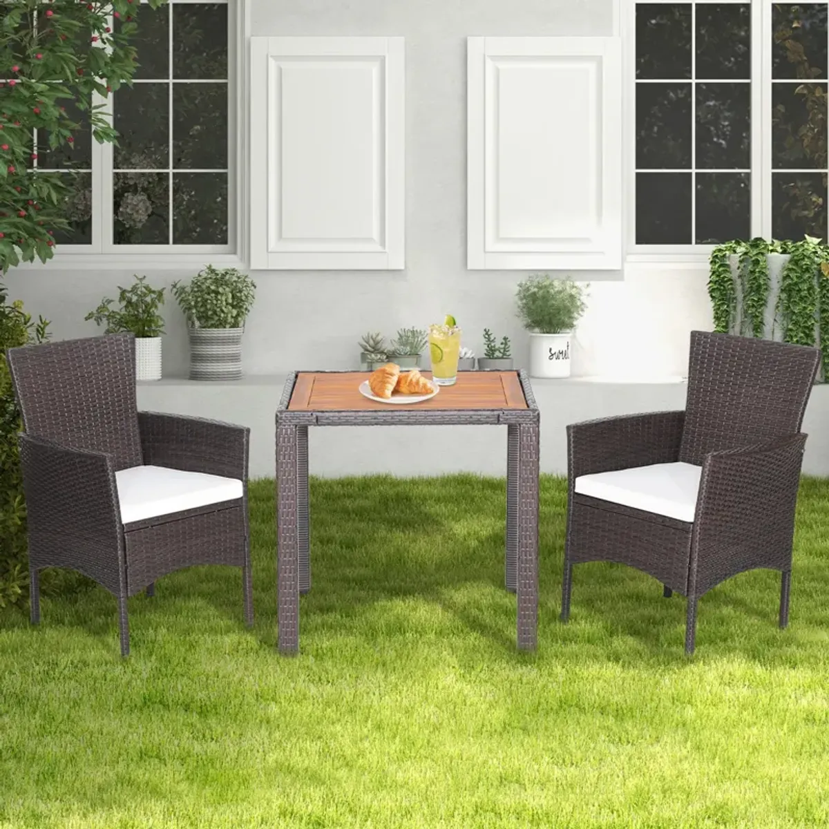 3 Pieces Patio Wicker Furniture Set wih Acacia Wood Table Top and Chair Cushiones