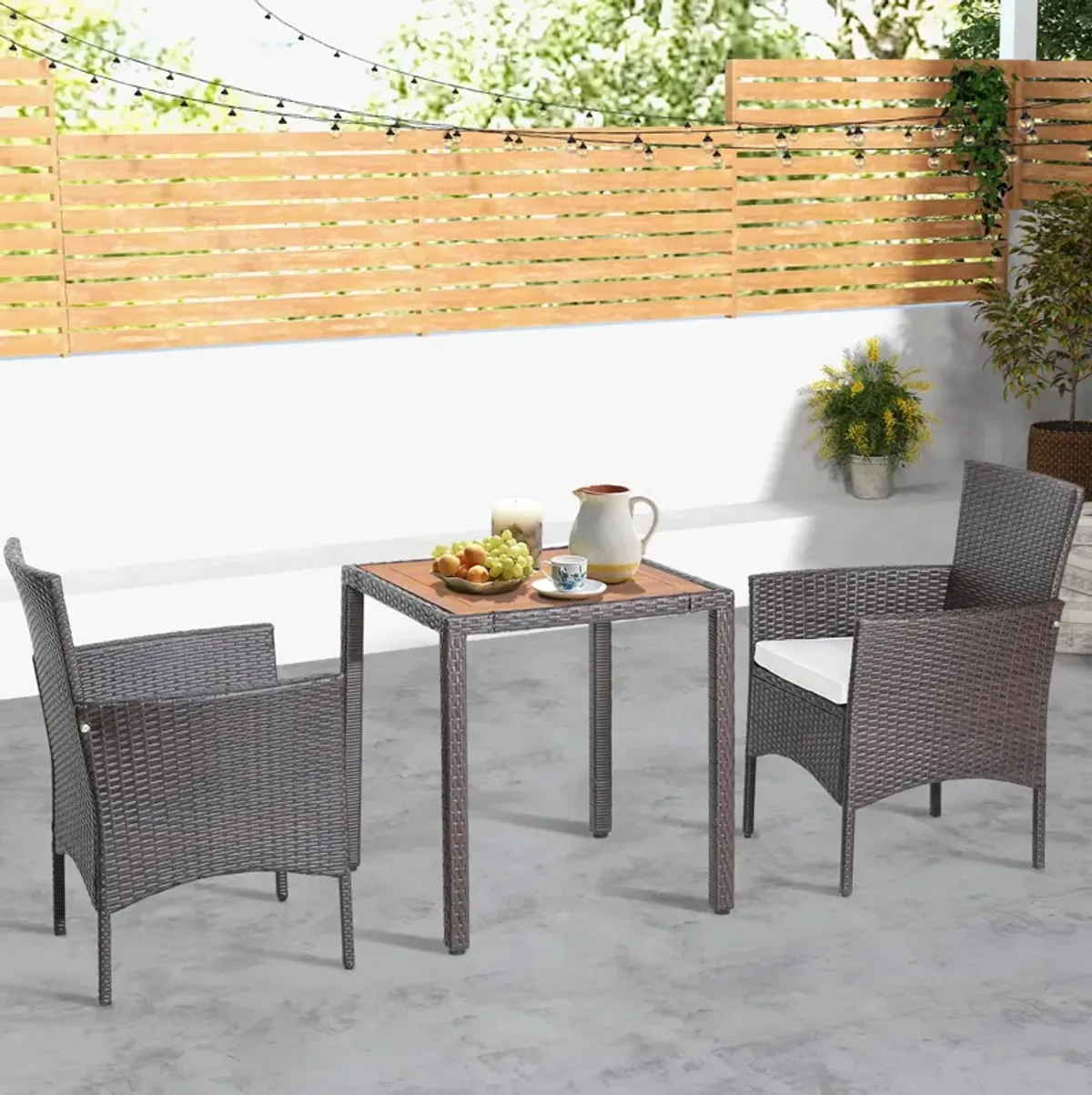 3 Pieces Patio Wicker Furniture Set wih Acacia Wood Table Top and Chair Cushiones