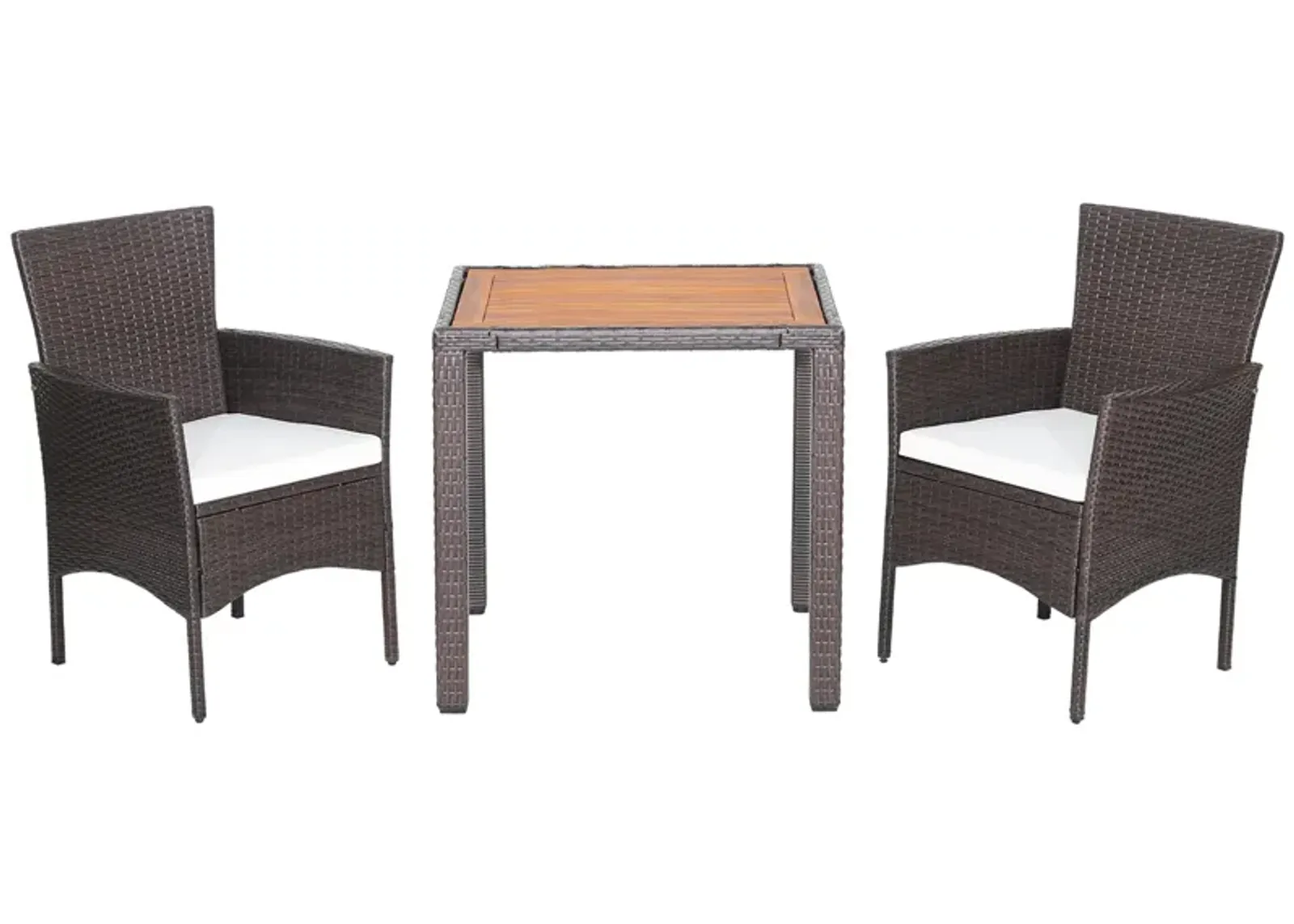 3 Pieces Patio Wicker Furniture Set wih Acacia Wood Table Top and Chair Cushiones