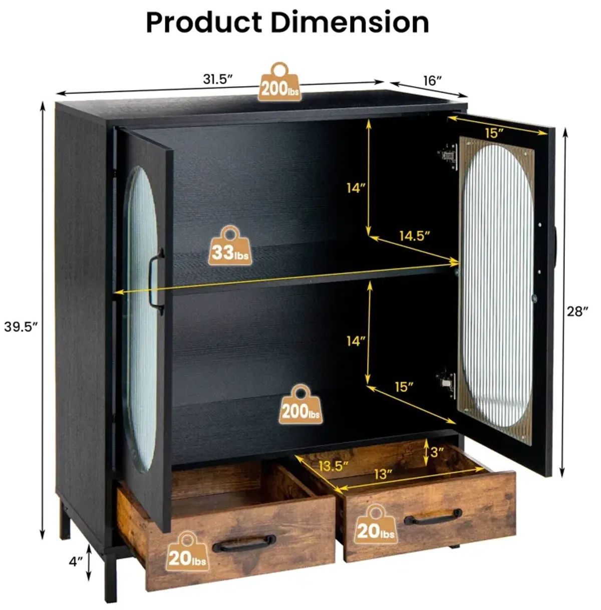 Kitchen Industrial Buffet Sideboard with Tempered Glass Doors-Black