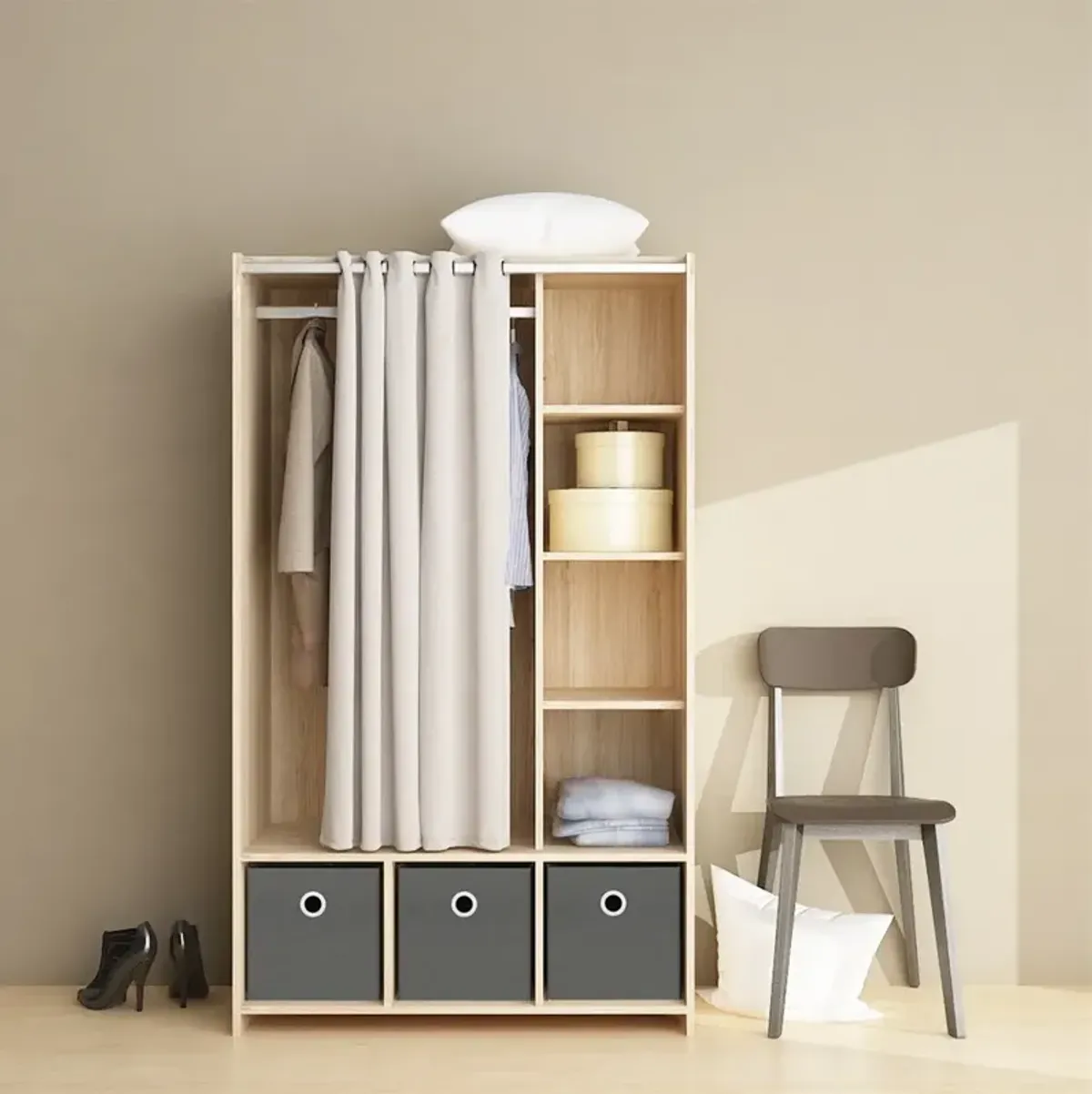 Tvilum Lola 3 Bin Wardrobe with Curtain, Oak Structure/Natural Fabric/Grey Textile