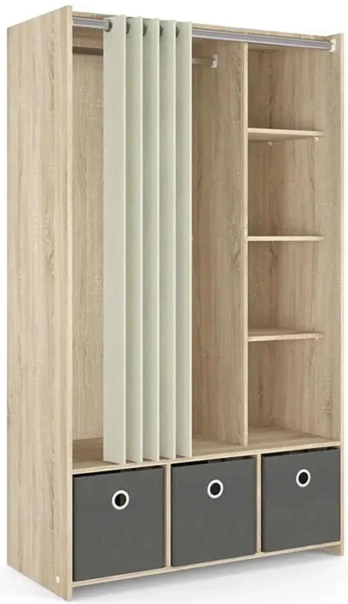 Tvilum Lola 3 Bin Wardrobe with Curtain, Oak Structure/Natural Fabric/Grey Textile