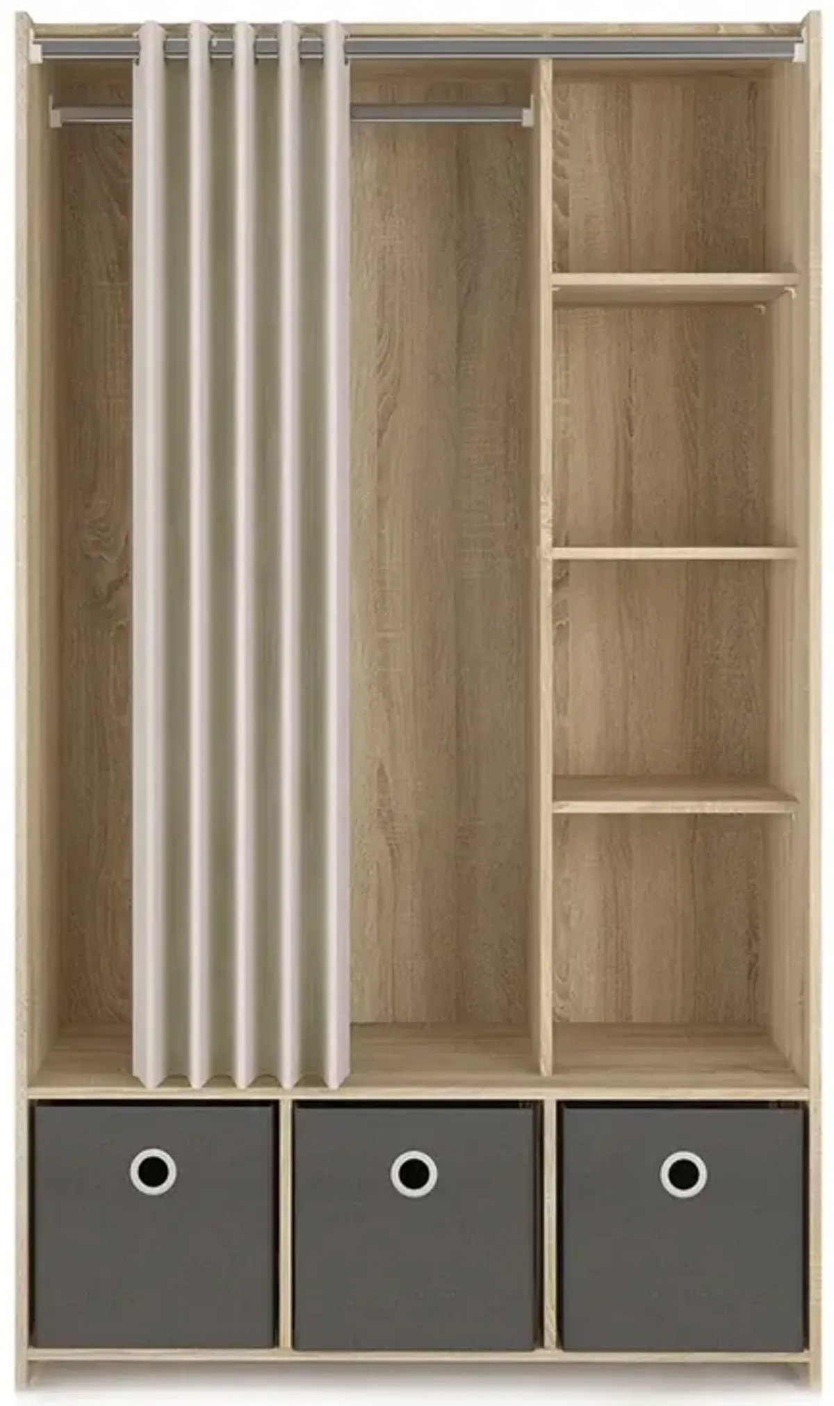 Tvilum Lola 3 Bin Wardrobe with Curtain, Oak Structure/Natural Fabric/Grey Textile