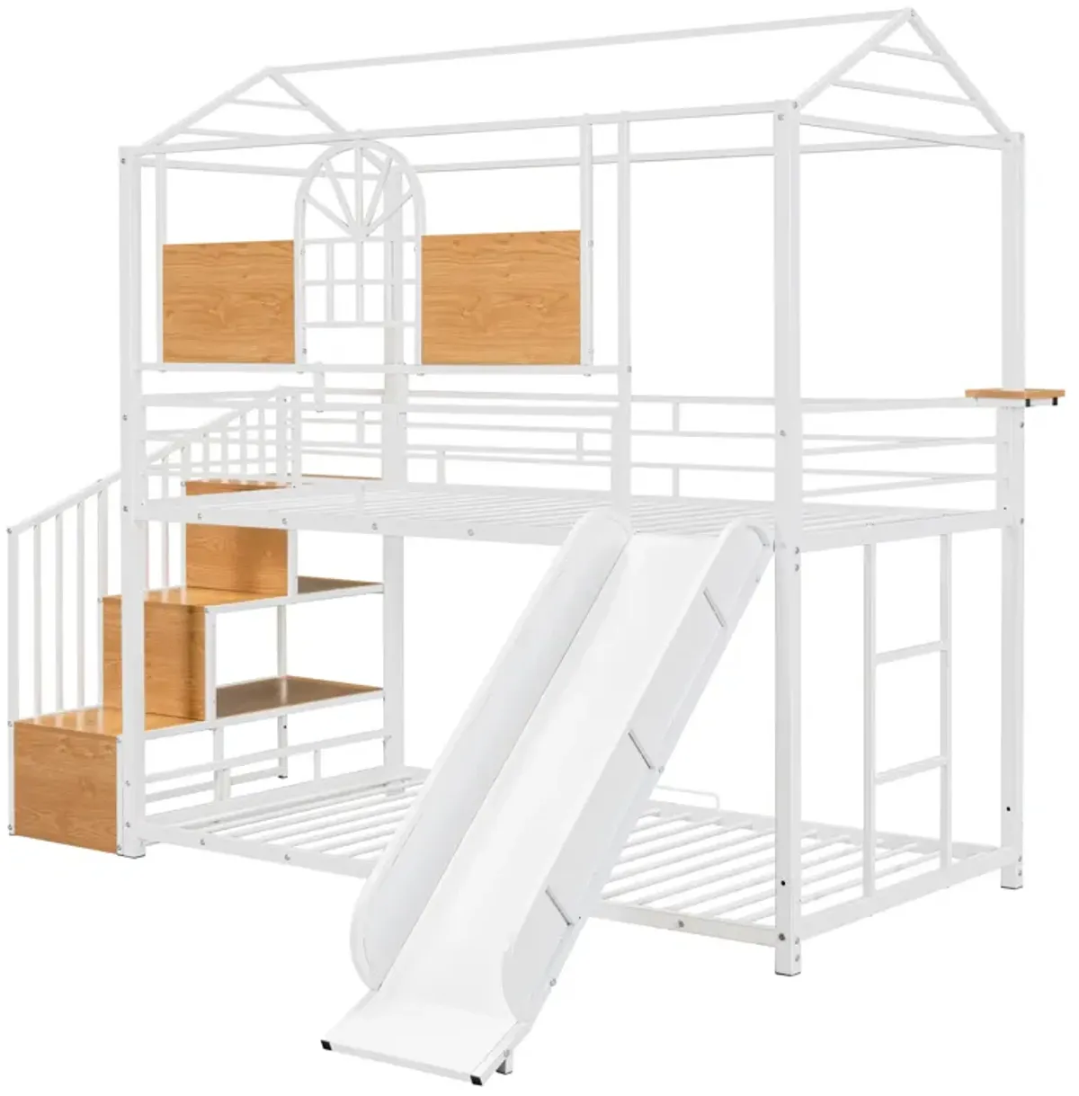 Merax Metal House Bunk Bed with Slide and Storage Stair