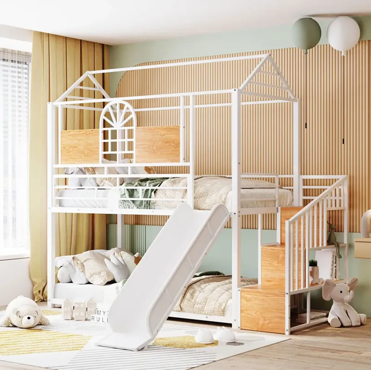 Merax Metal House Bunk Bed with Slide and Storage Stair