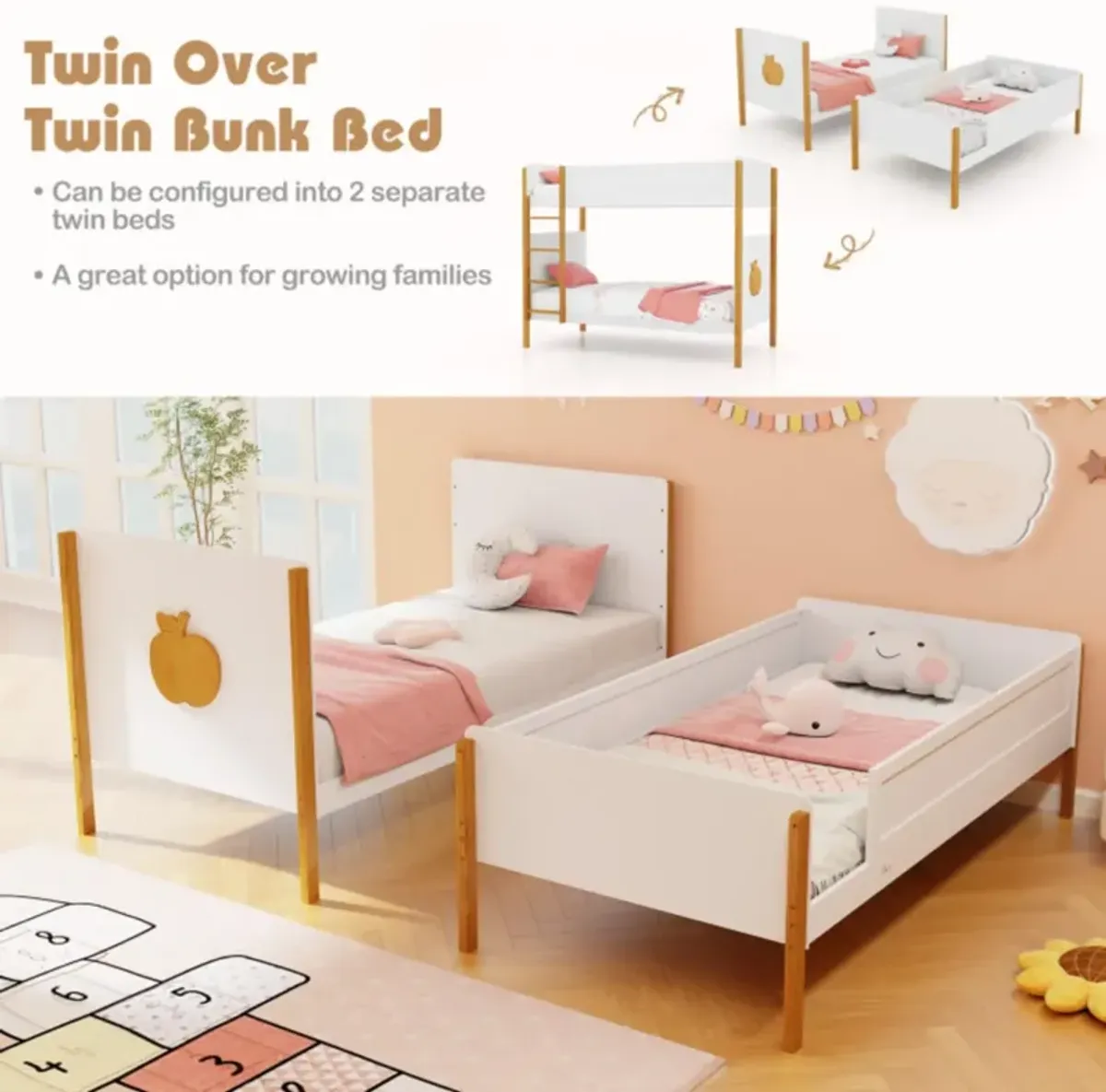 Hivvago Twin Over Twin Bunk Bed with Integrated Ladder and Safety Guardrails-Twin Size