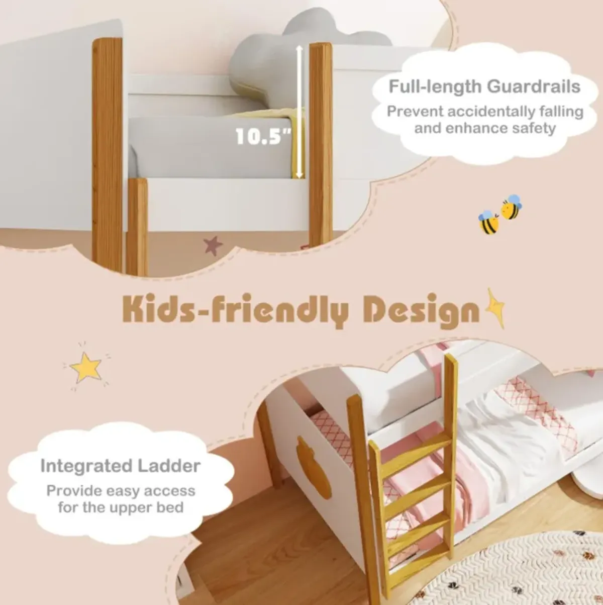 Hivvago Twin Over Twin Bunk Bed with Integrated Ladder and Safety Guardrails