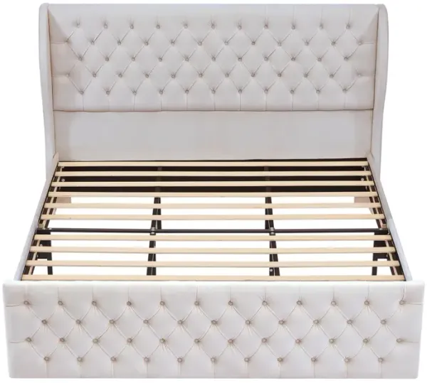 Rodeo Drive Collection Upholstered Wingback Velvet Fabric Chesterfield Bed/Button Tufted Headboard with Vintage Wing/Wood Slat Support/Easy Assemble. King-White