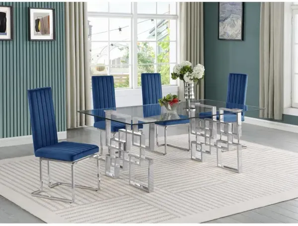 5-piece glam dining set with 4 Navy blue chairs and one 79" glass  table