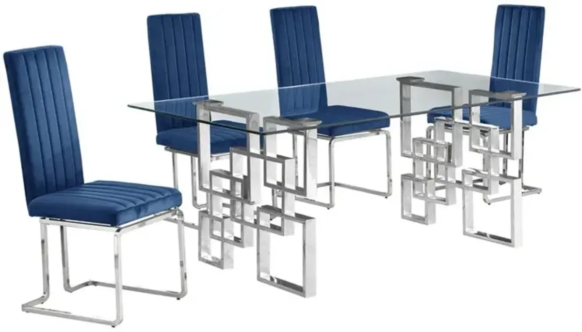 5-piece glam dining set with 4 Navy blue chairs and one 79" glass  table