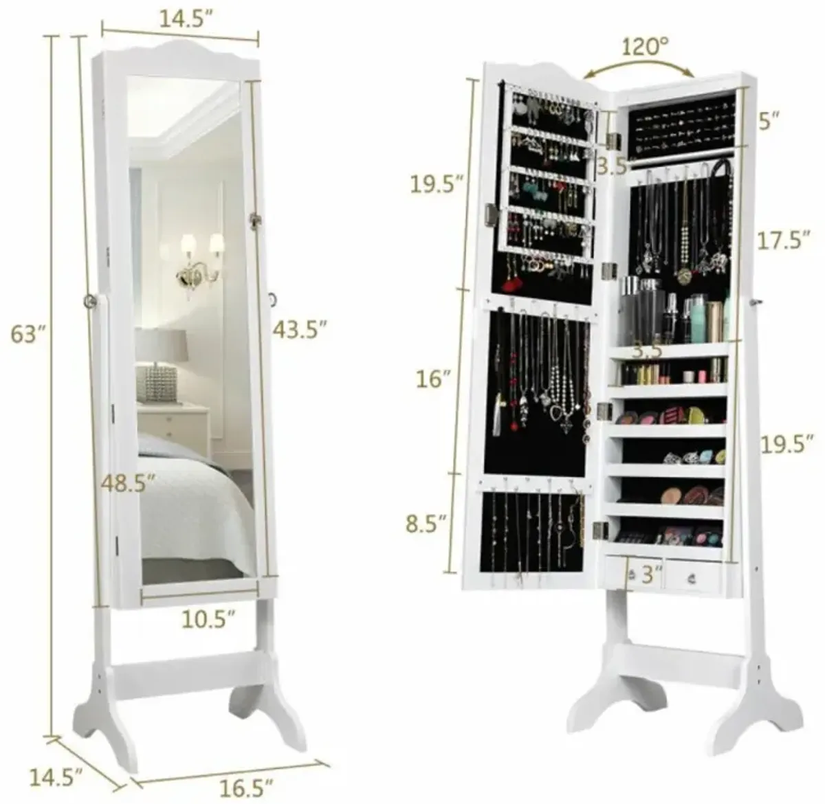 Hivvago 14 LED Jewelry Armoire Cabinet with Full Length Mirror and 4 Tilting Angles-White