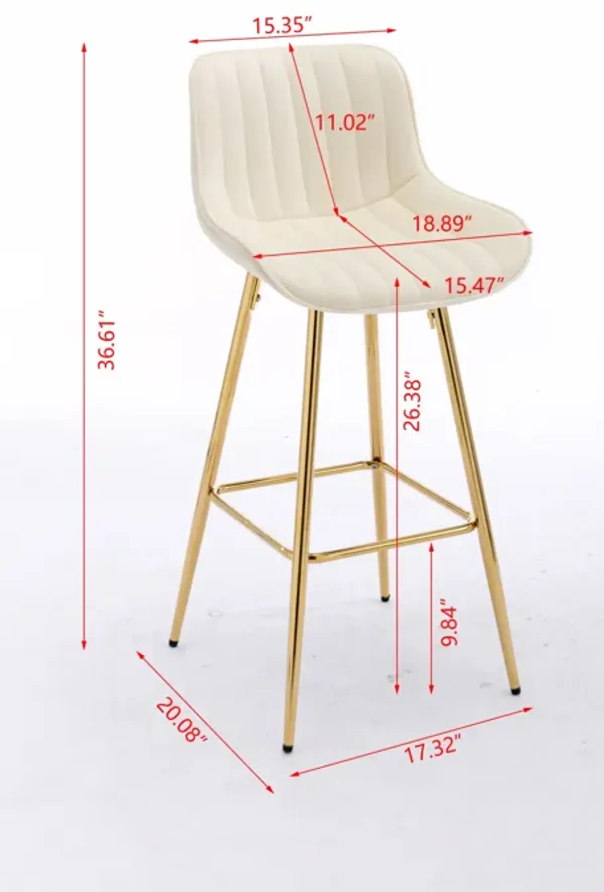 26 Inch Set of 2 Bar Stools, with Chrome Footrest Velvet Fabric Counter Stool Golden Leg Simple Bar Stool, CREAM