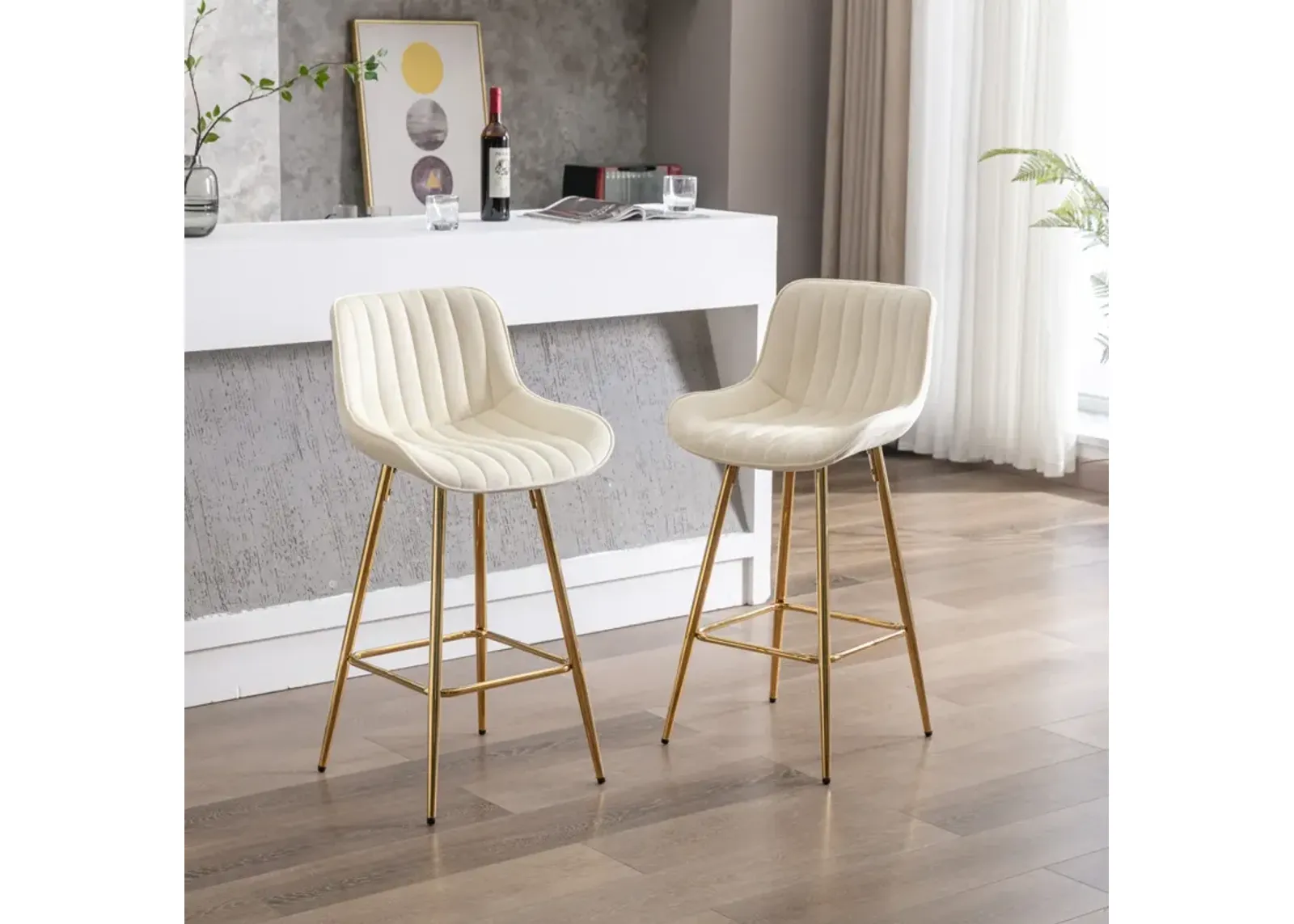 26 Inch Set of 2 Bar Stools, with Chrome Footrest Velvet Fabric Counter Stool Golden Leg Simple Bar Stool, CREAM