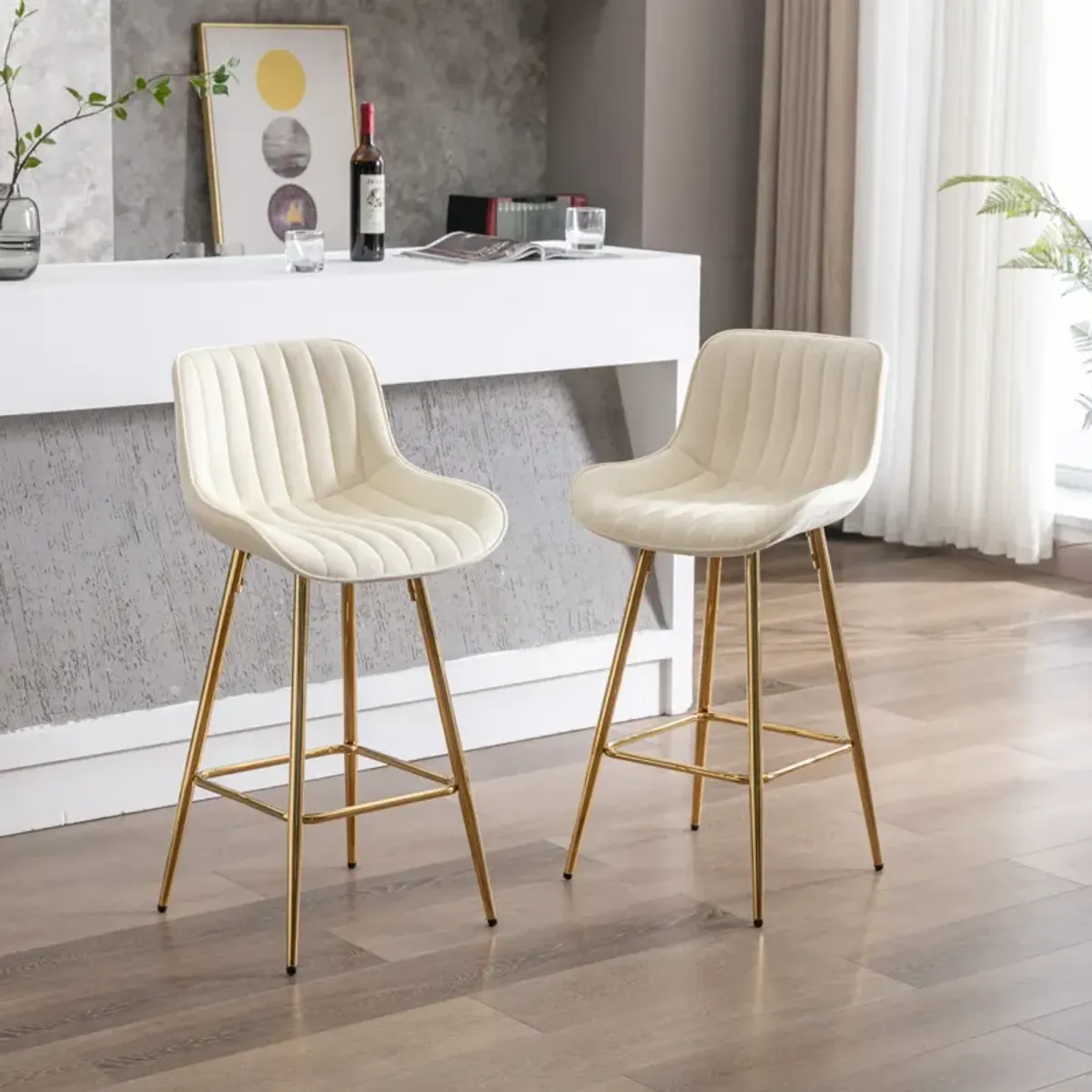 26 Inch Set of 2 Bar Stools, with Chrome Footrest Velvet Fabric Counter Stool Golden Leg Simple Bar Stool, CREAM